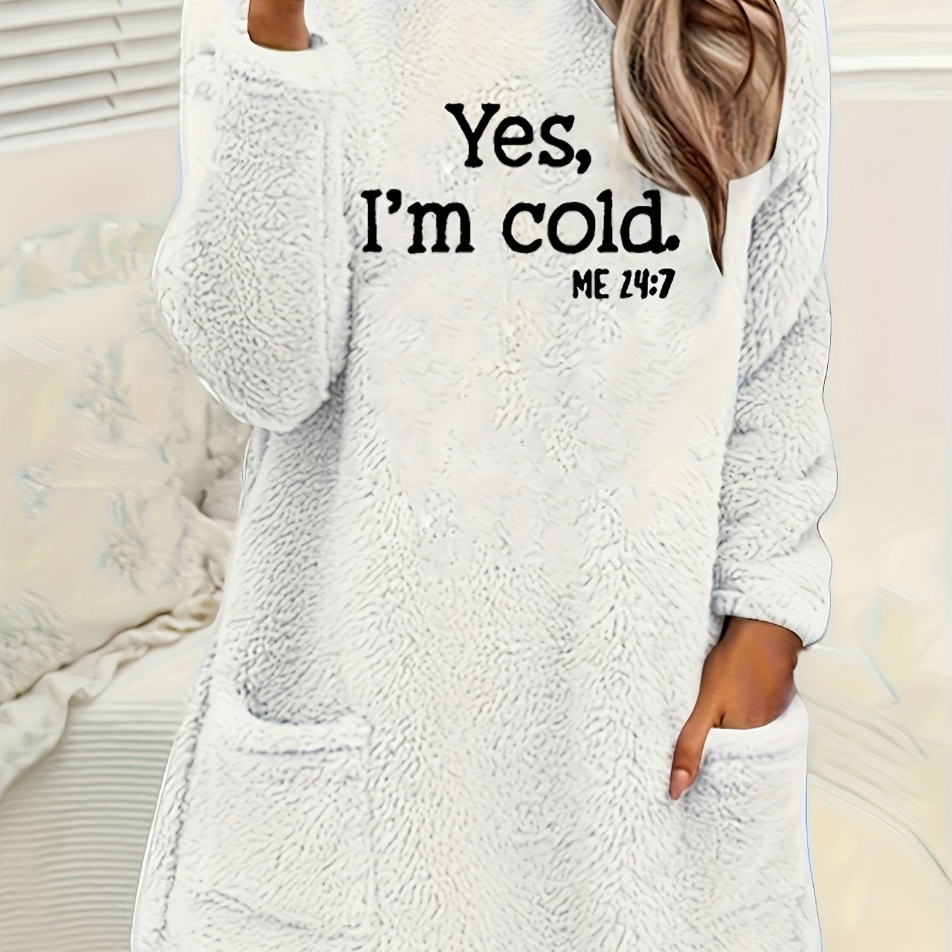 Women's Casual "Yes I'm Cold" Letter Print Dual - Sided Fleece Pullover Sweatshirt - Cozy Round Neck Long Sleeve with Pockets, Machine Washable Winter Warmth for Fall & Winter, Cold Weather Clothing | Casual Pullover | Comfortable Wear, Ladies Sweaters - veyora