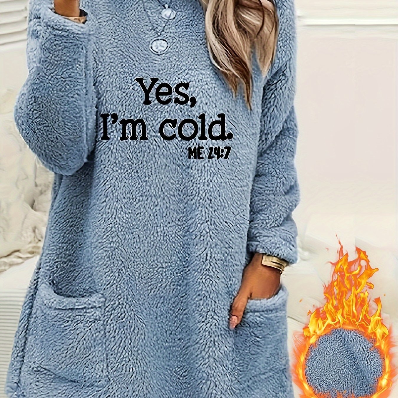 Women's Casual "Yes I'm Cold" Letter Print Dual - Sided Fleece Pullover Sweatshirt - Cozy Round Neck Long Sleeve with Pockets, Machine Washable Winter Warmth for Fall & Winter, Cold Weather Clothing | Casual Pullover | Comfortable Wear, Ladies Sweaters - veyora