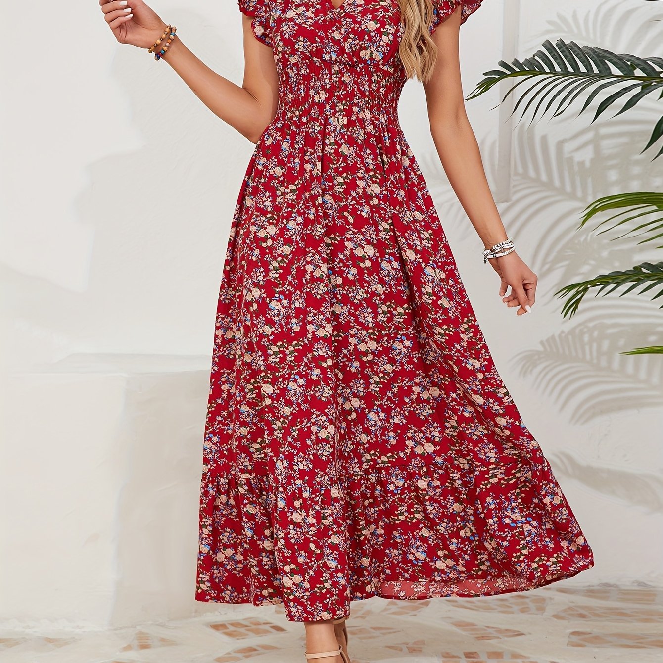 Vacation - Themed Floral Waist - Tied Dress - veyora