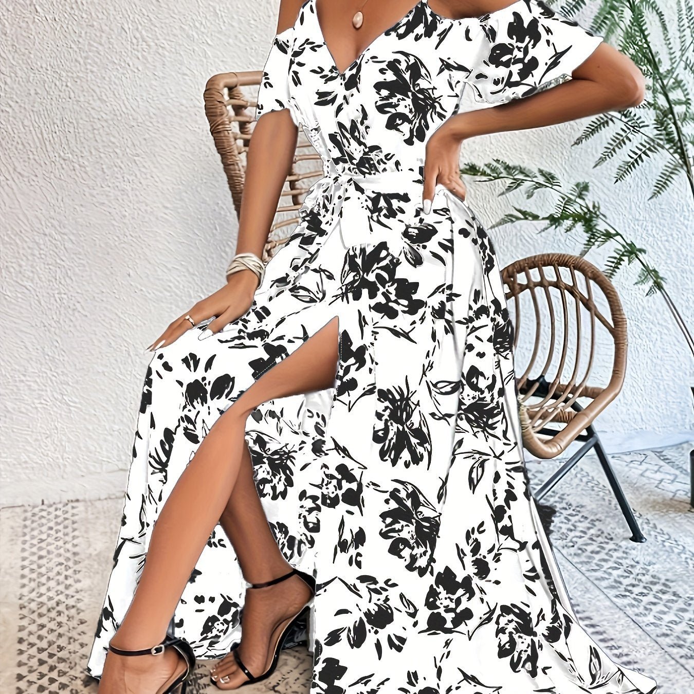 Vibrant Floral Print A - Line Dress - Cold Shoulder, Belted, Split Sleeveless, Elegant, Comfortable, Spring & Summer Essential - Women's Clothing, Perfect for Outdoor Activities - veyora