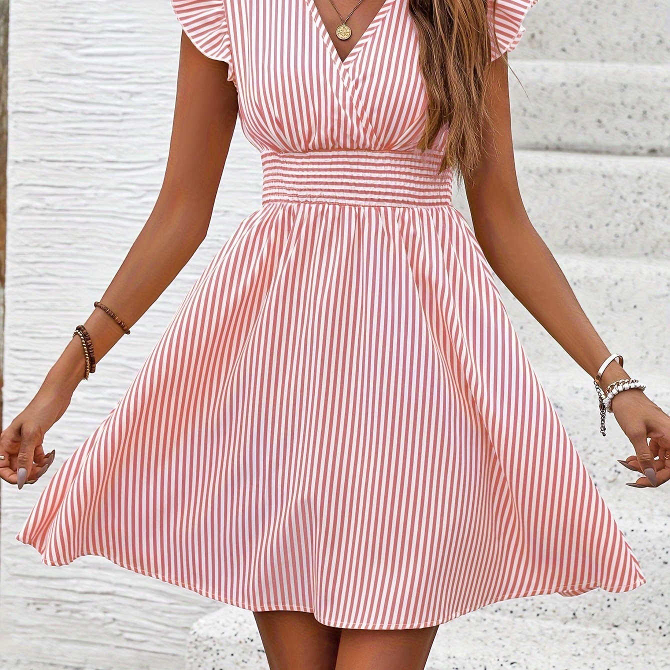Summer Striped Surplice Neck Dress, Shirred Waist Casual Flutter Sleeve For Women - veyora