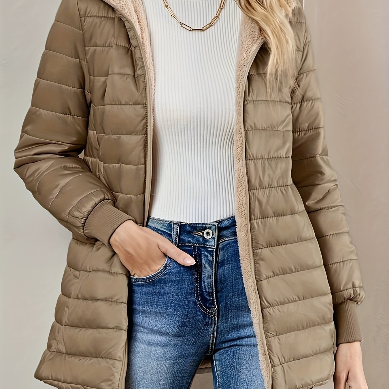 Long Sleeve Fleece Lined Zip Up Coat, Casual Fabric - padded Women's Clothing - veyora