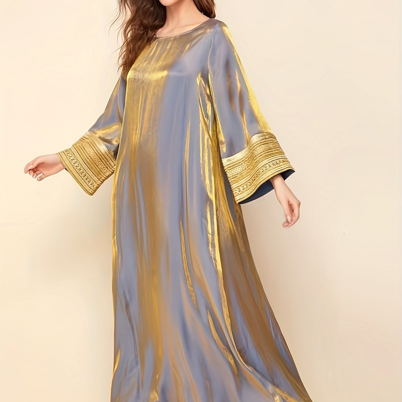 Luxurious Long Sleeve Maxi Kaftan Dress - Elegant Crew Neck, Contrast Sequin Details, Polyester Fabric, Solid Color, Woven, No Elasticity, Middle East Style, Perfect for All Seasons - veyora