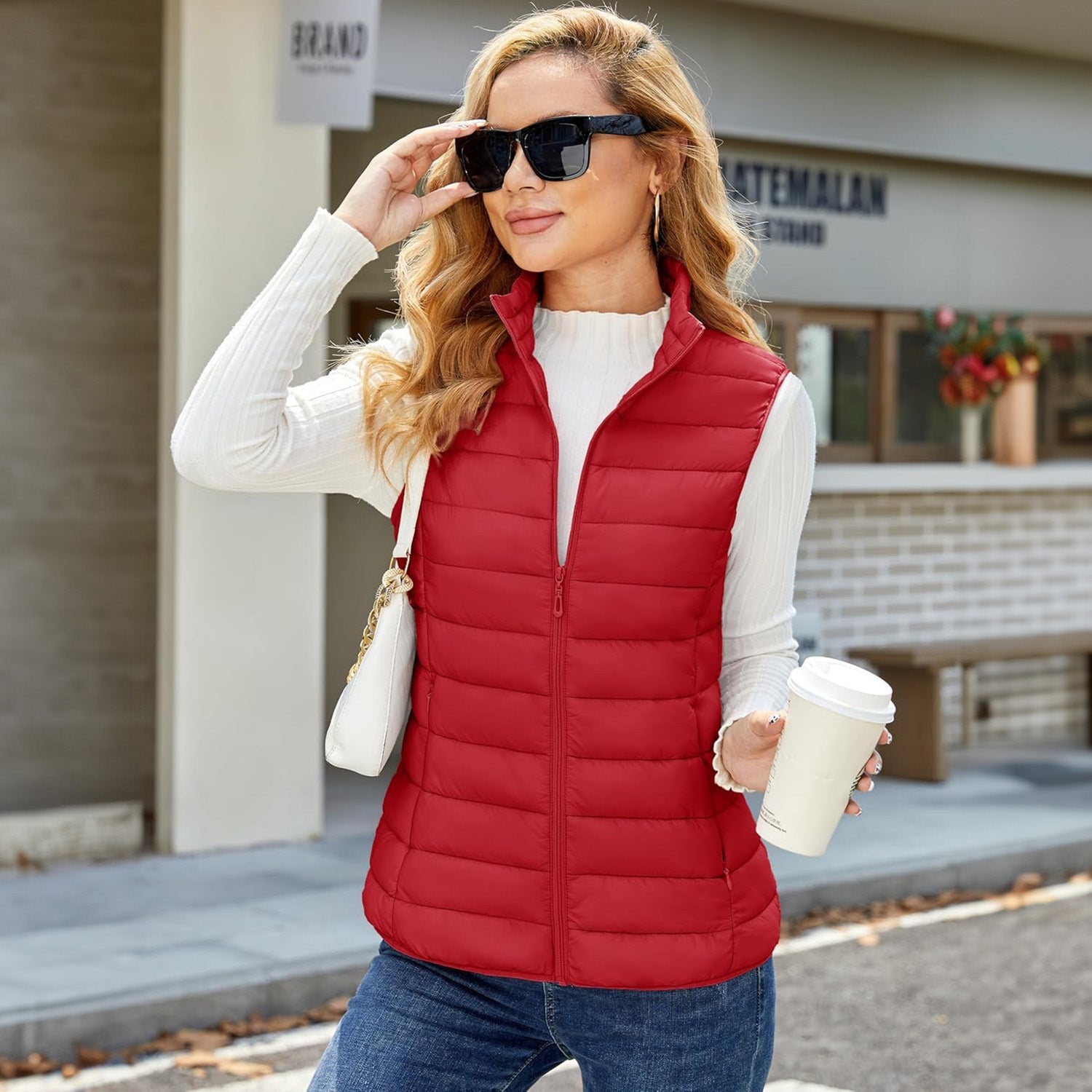 Women's Lightweight Puffer Vest with 4 Pockets & Stand Collar