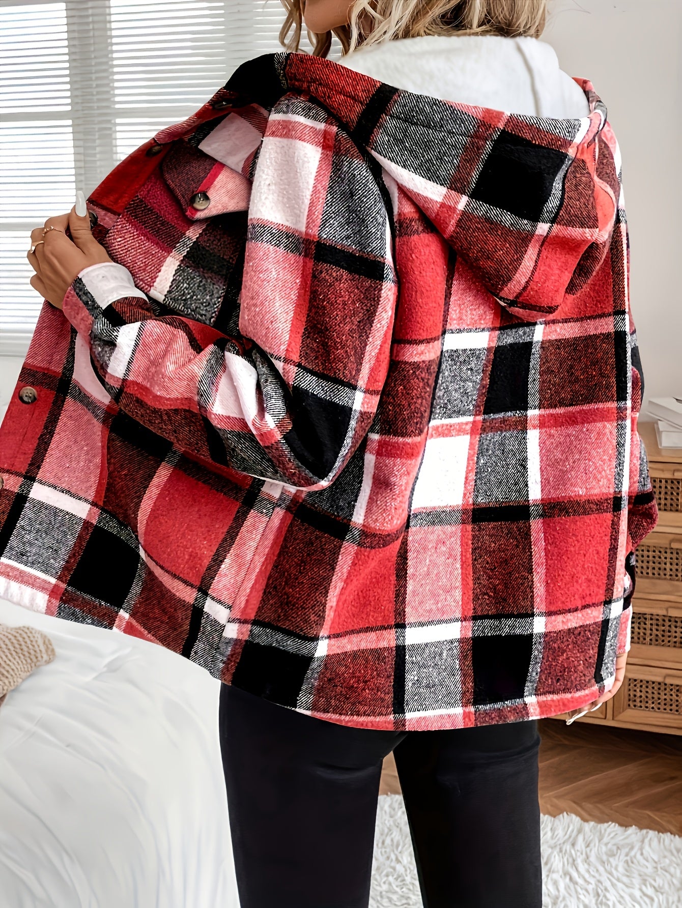 100% Polyester Women's Casual Plaid Hooded Jacket with Fleece Lining and Button Detail for All - Season Warmth - veyora