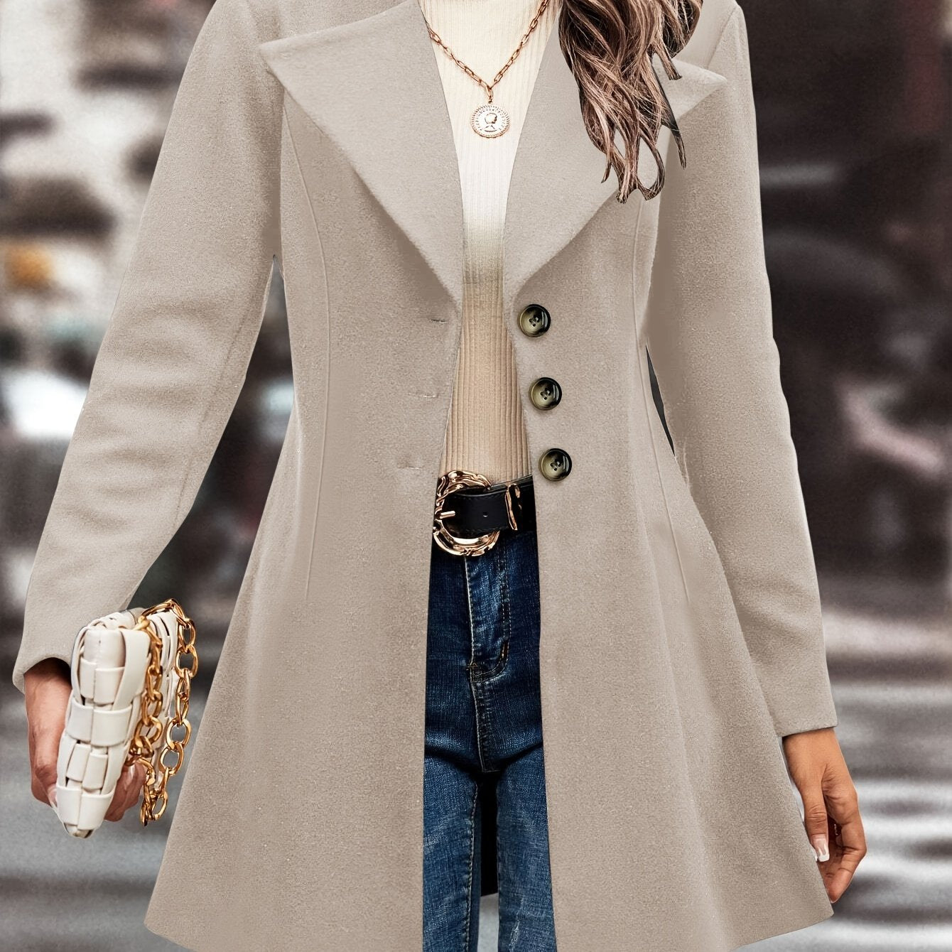 Solid Single Button Lapel Overcoat, Versatile Long Sleeve Winter Outwear, Women's Clothing - veyora