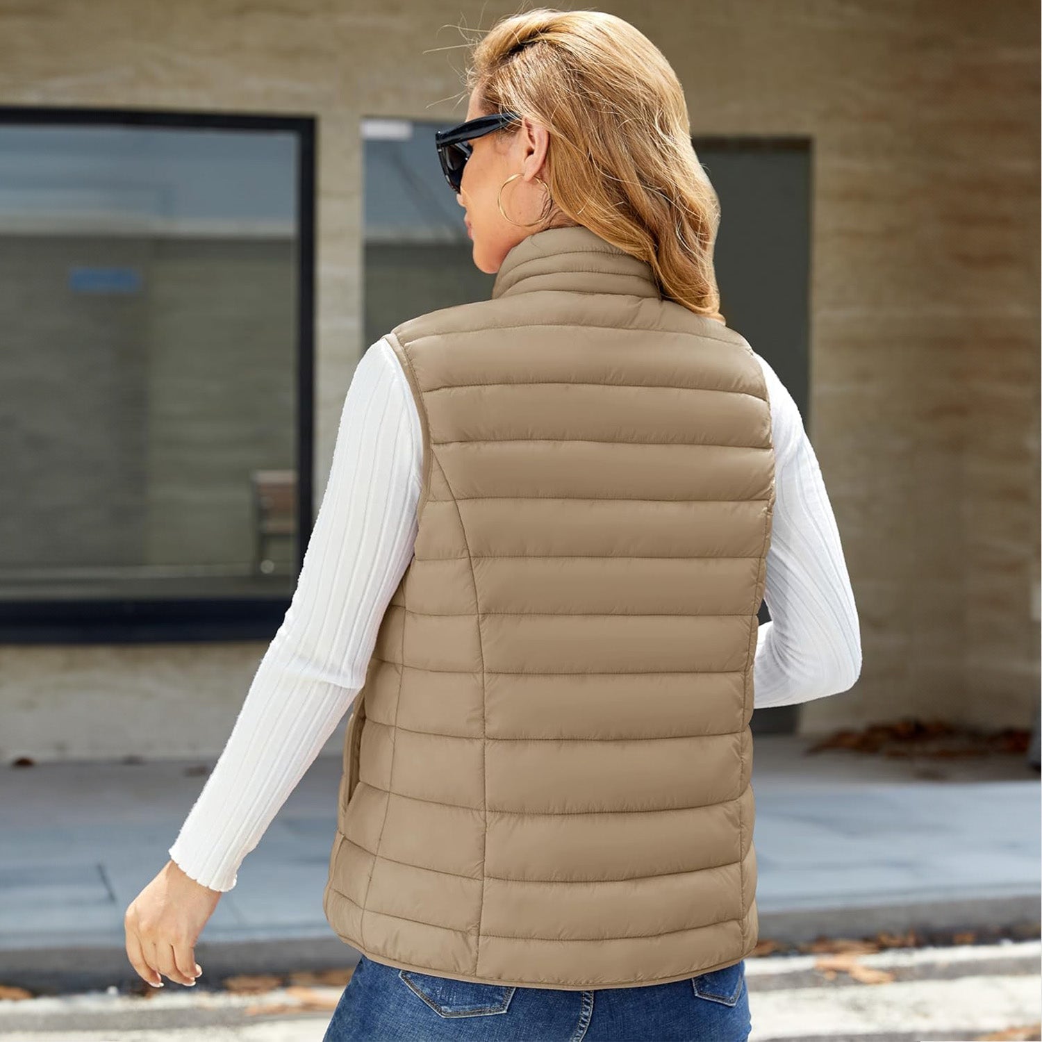 Women's Lightweight Puffer Vest with 4 Pockets & Stand Collar