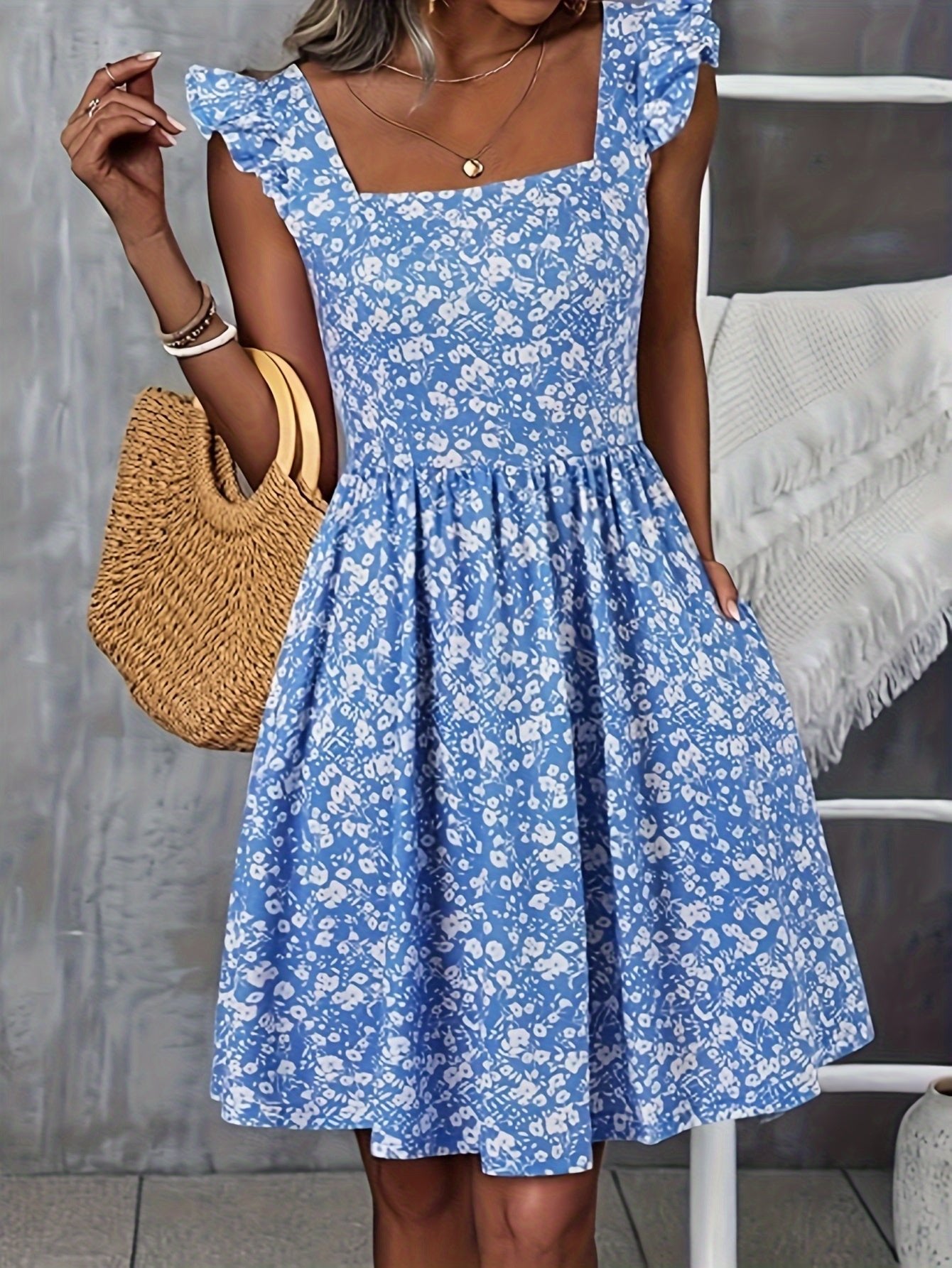 For Spring & Summer, Elegant Square Neck Dress with Ruffle Sleeves, Cinched Waist, Patched Pockets, Floral Print, Women's Clothing - veyora