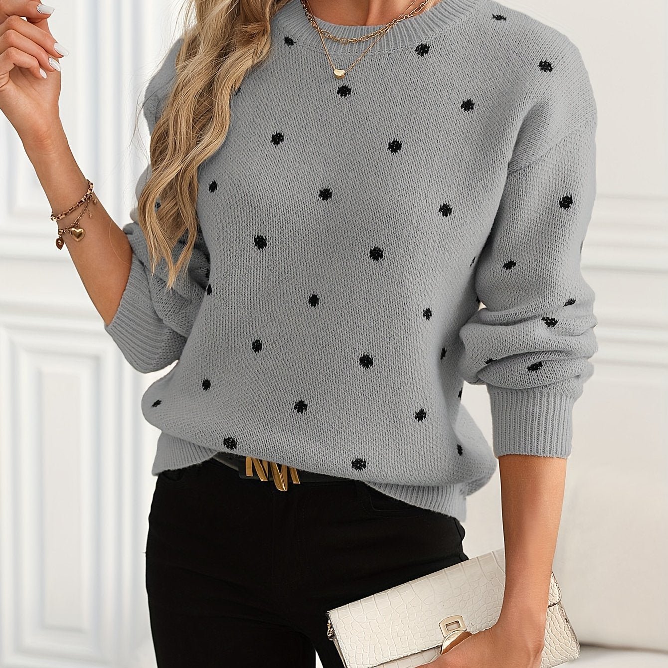 Polka Dot Pattern Knit Sweater, Casual Long Sleeve Crew Neck Sweater, Women's Clothing - veyora