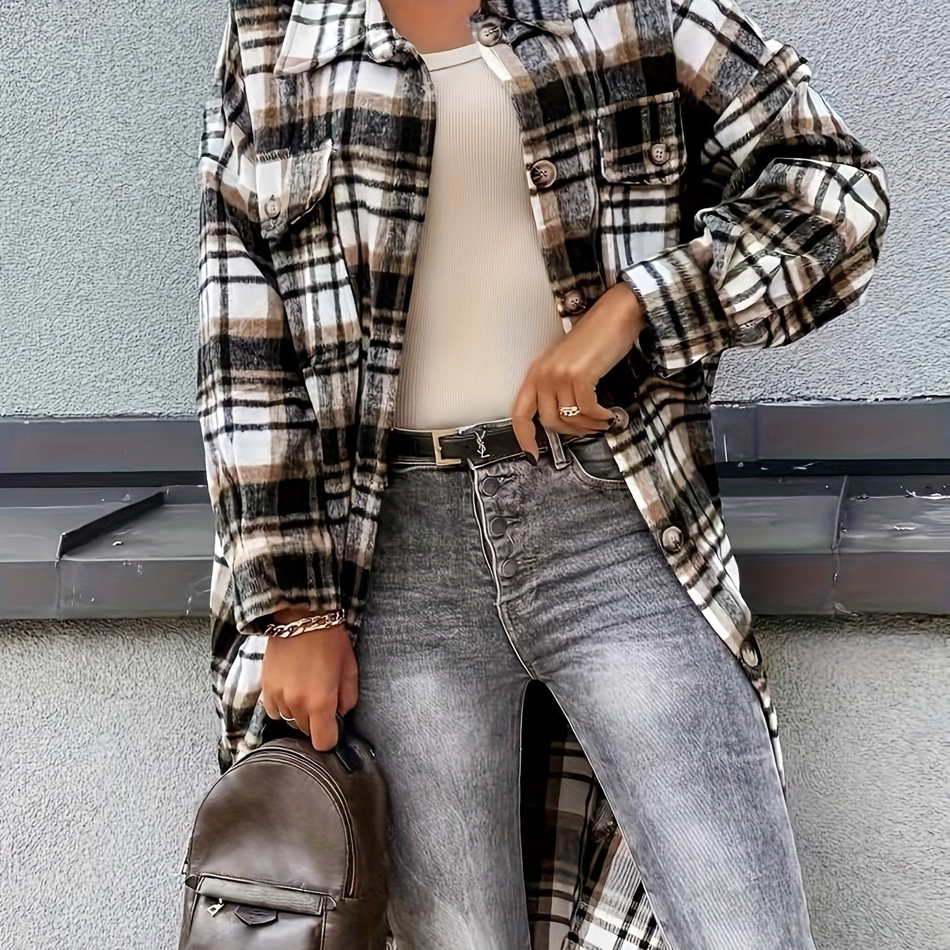 Plaid Print Long Length Jacket, Casual Button Front Flap Pockets Outwear, Women's Clothing - veyora