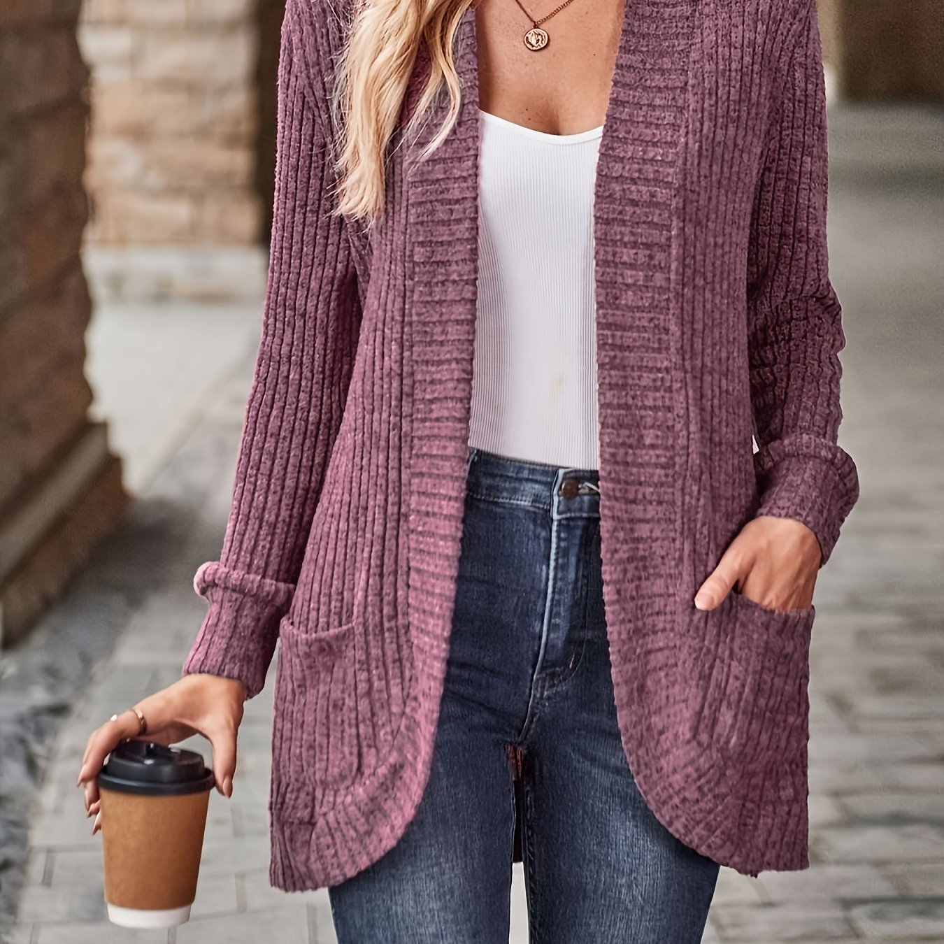 Cozy Rib Knit Cardigan for Women - Soft & Stylish Solid Open Front Sweater with Pockets - Casual Long Sleeve Fashion Clothing - veyora
