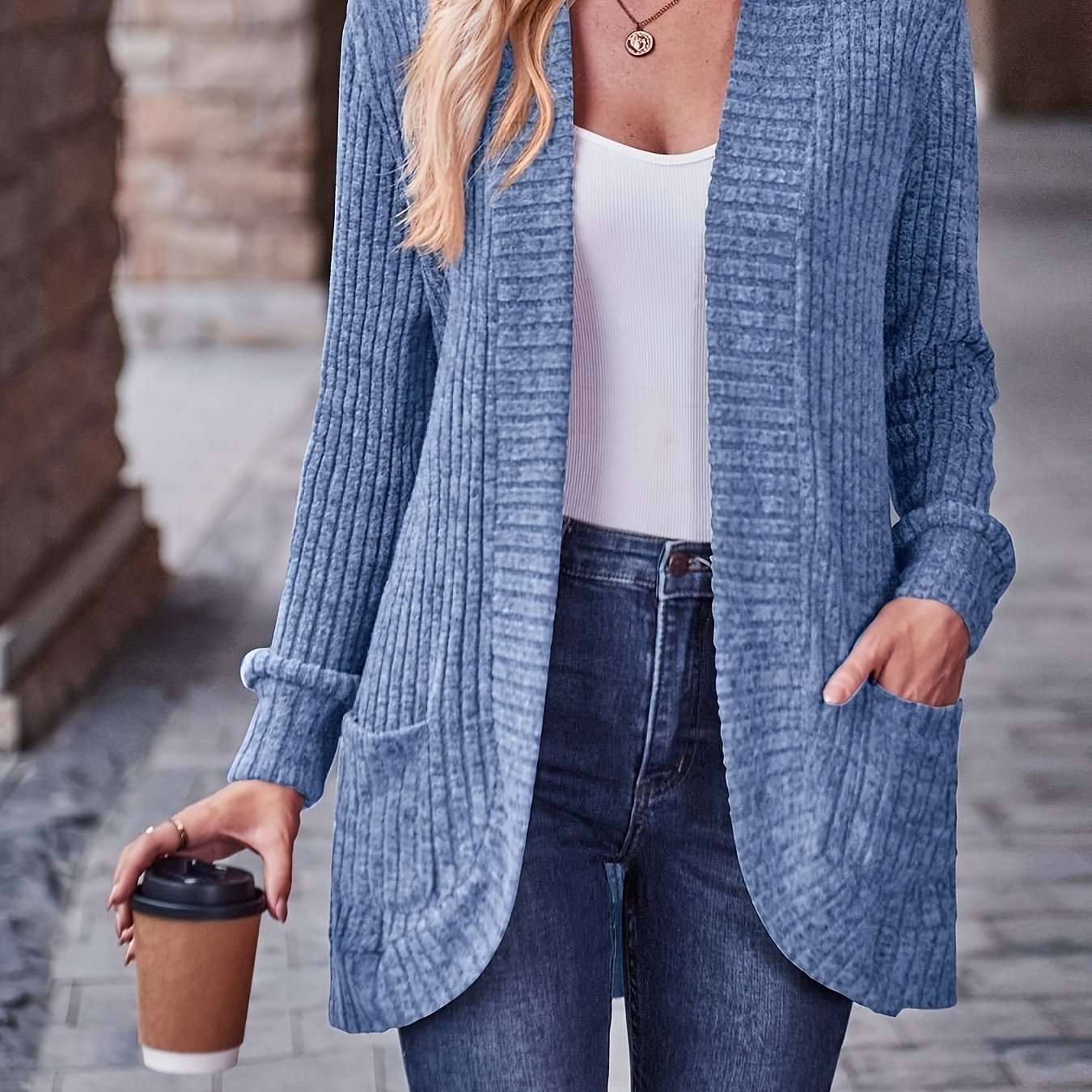 Cozy Rib Knit Cardigan for Women - Soft & Stylish Solid Open Front Sweater with Pockets - Casual Long Sleeve Fashion Clothing - veyora