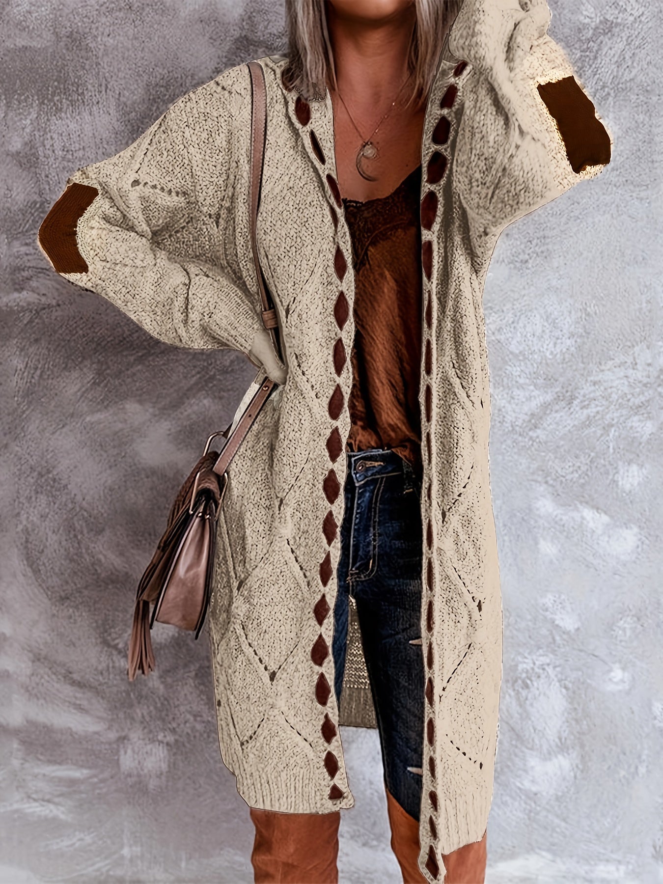Color Block Open Front Cardigan, Vintage Long Sleeve Knitted Cardigan For Spring & Fall, Women's Clothing