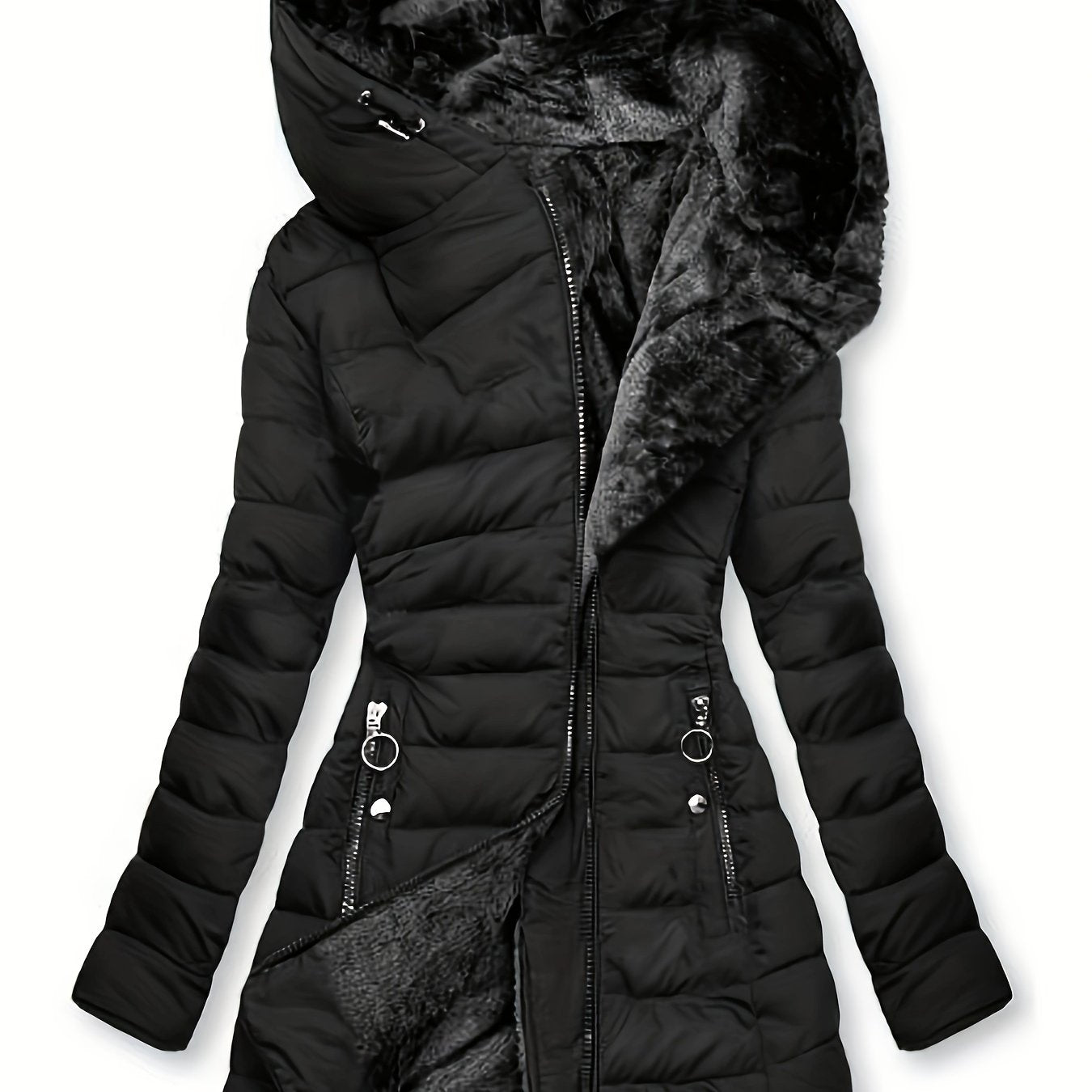 Zip - up Hoodie Puffy Coat, Casual Long Sleeve Pockets Faux Fur Lined Warm Coat For Winter, Women's Clothing - veyora