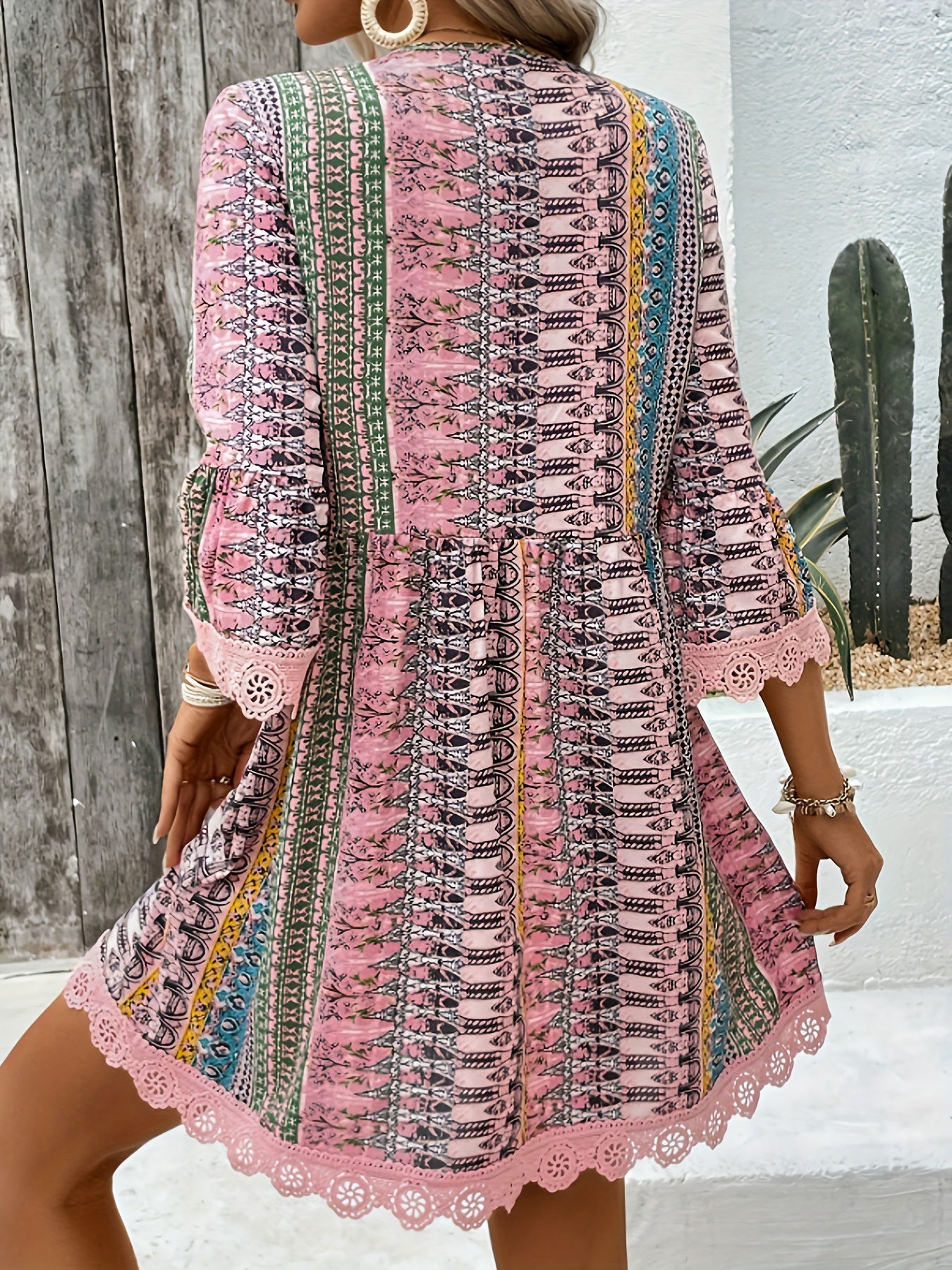 Women's Elegant V - Neck Dress with Lace Trim - Colorful Striped and Floral Print, Lightweight Polyester Blend, Perfect for Summer, Relaxed Fit Dress|Patterned Dress|Smooth Texture, Cute Dresses - veyora