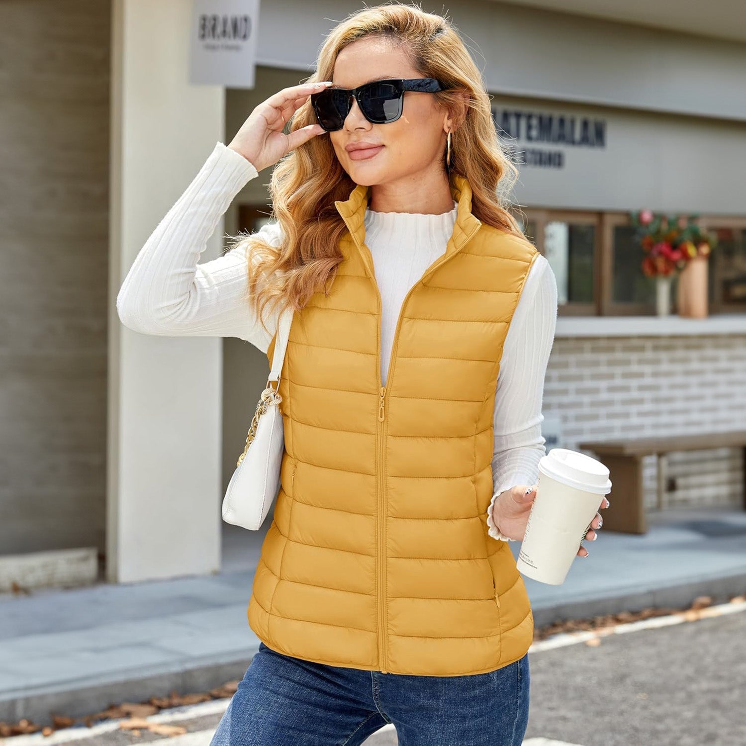 Women's Lightweight Puffer Vest with 4 Pockets & Stand Collar