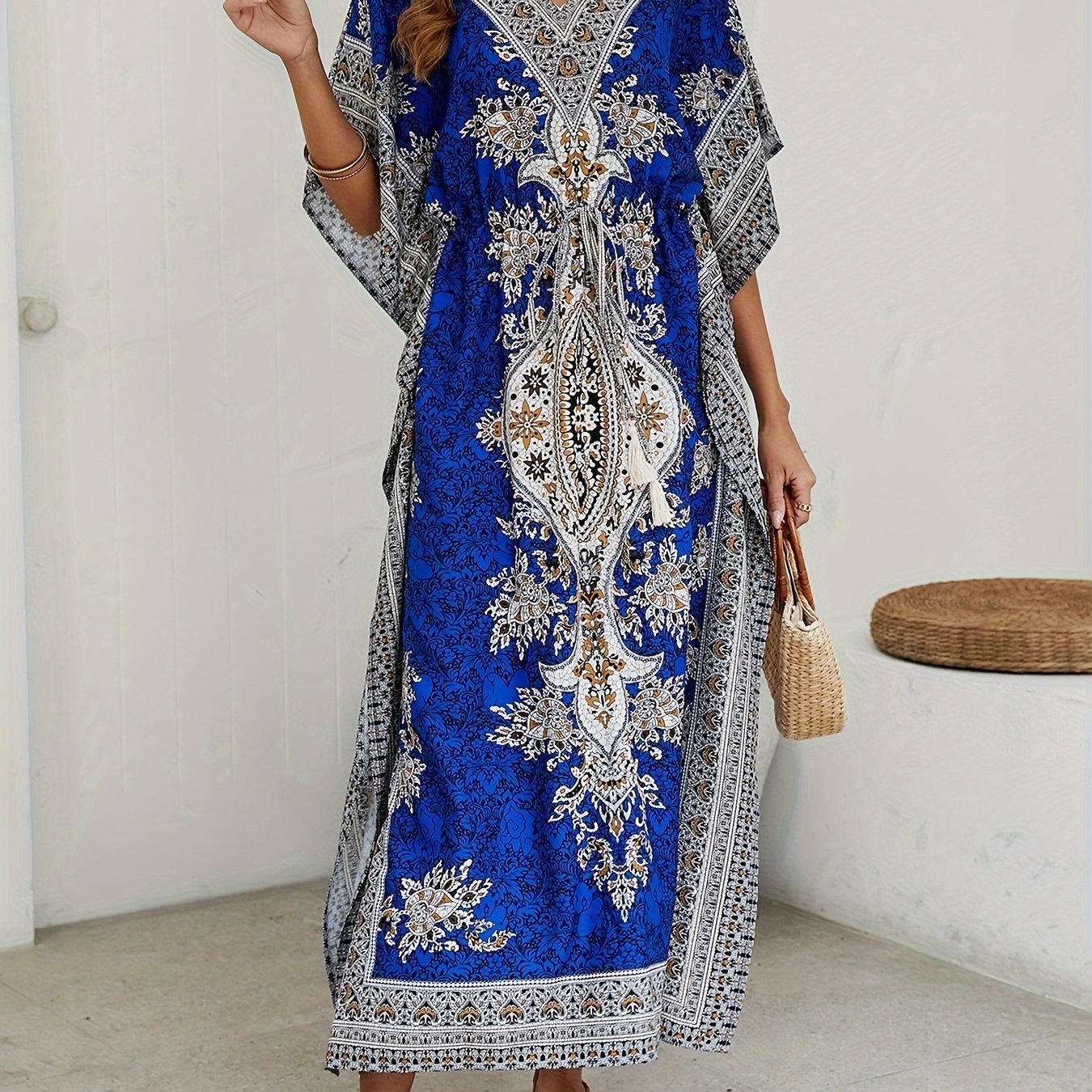 Women's Middle Eastern Muslim Robe, Loose V - Neck Beach Sun Protection Party Casual Bohemian Dress - veyora