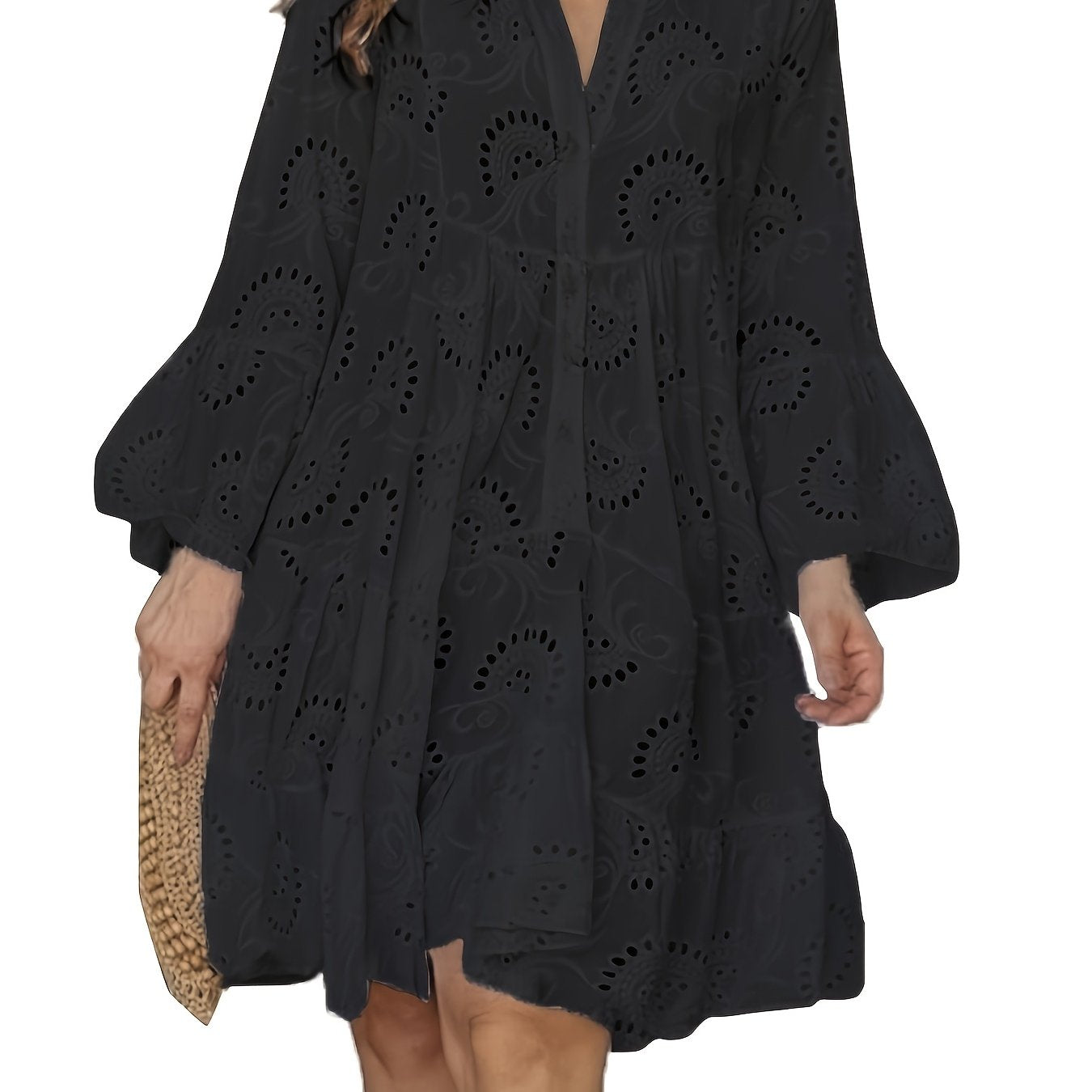 Elegant Green V - Neck Shift Dress with Embroidered Bell Sleeves - Lightweight, Loose Fit, Knee - Length with Button Closure and Eyelet Details, Perfect for All Seasons - veyora