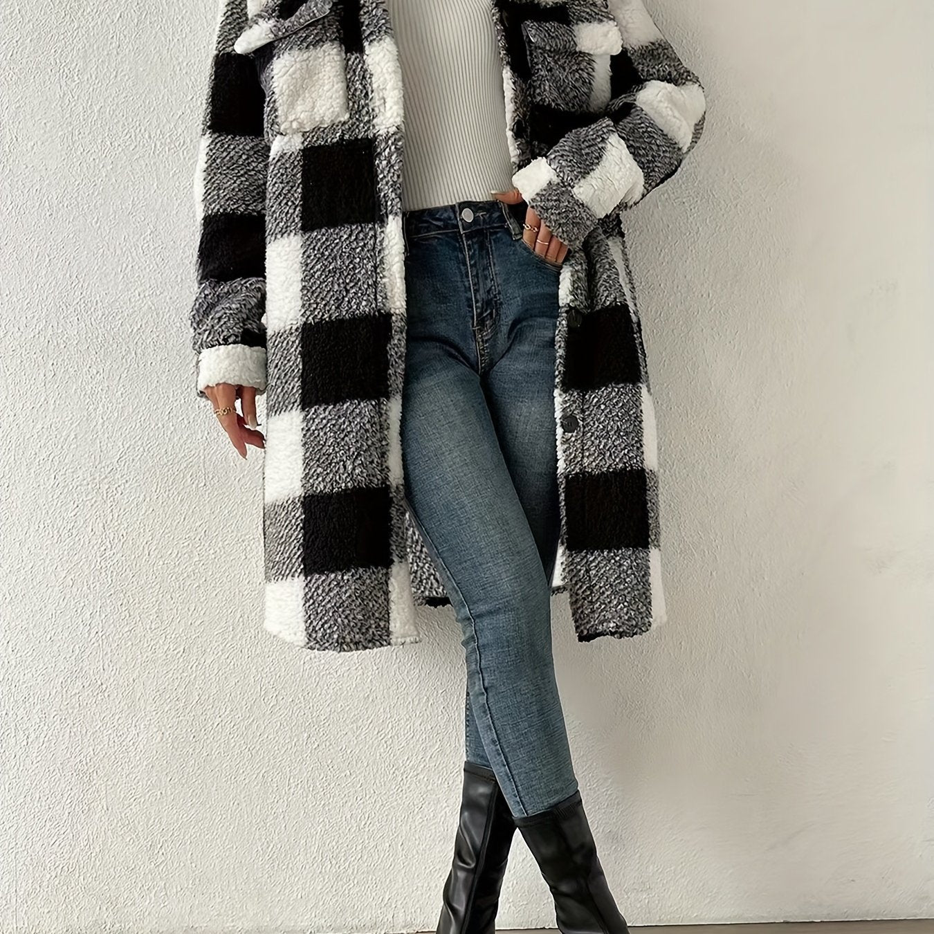 Plaid Pattern Teddy Coat, Casual Button Front Long Sleeve Outerwear, Women's Clothing - veyora
