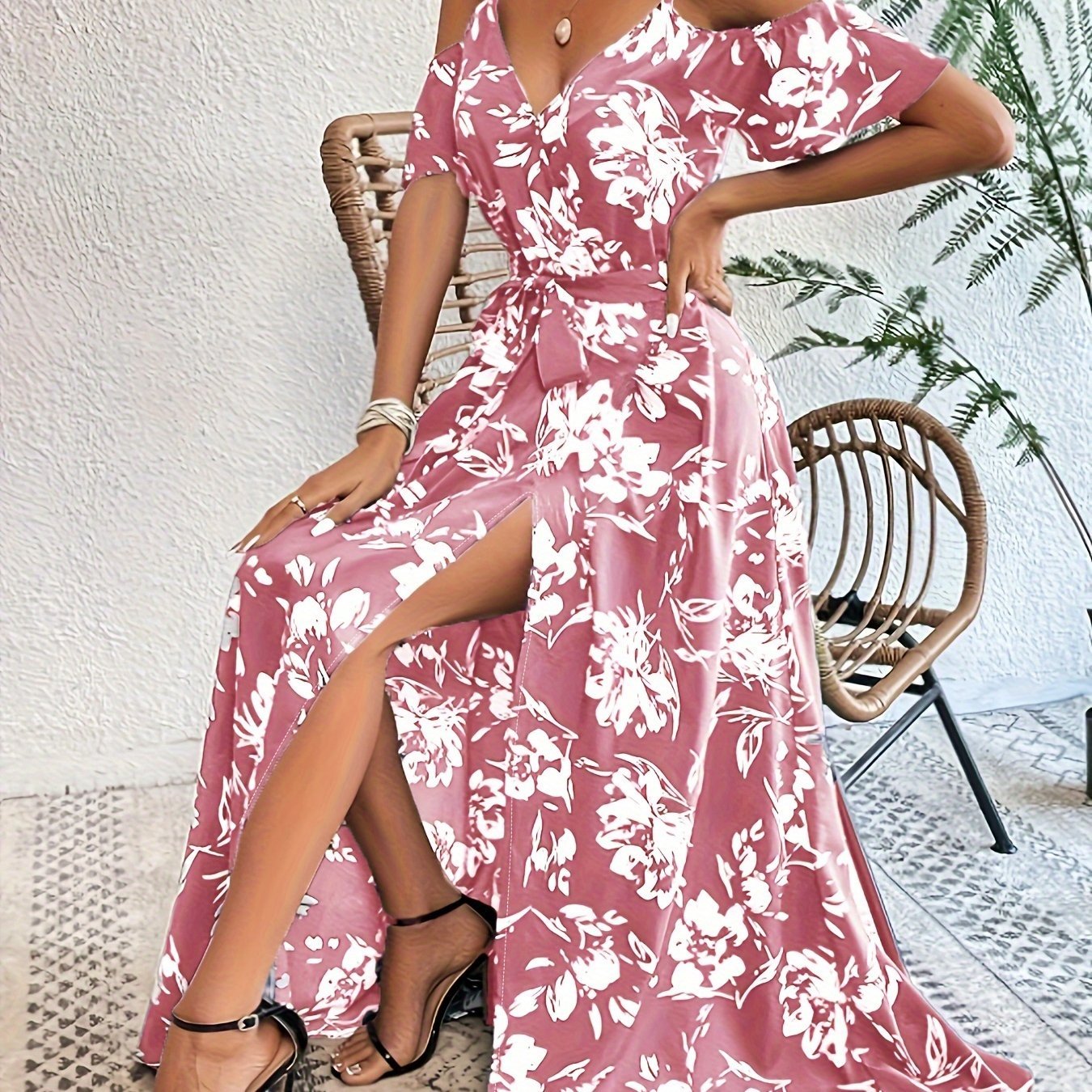Vibrant Floral Print A - Line Dress - Cold Shoulder, Belted, Split Sleeveless, Elegant, Comfortable, Spring & Summer Essential - Women's Clothing, Perfect for Outdoor Activities - veyora