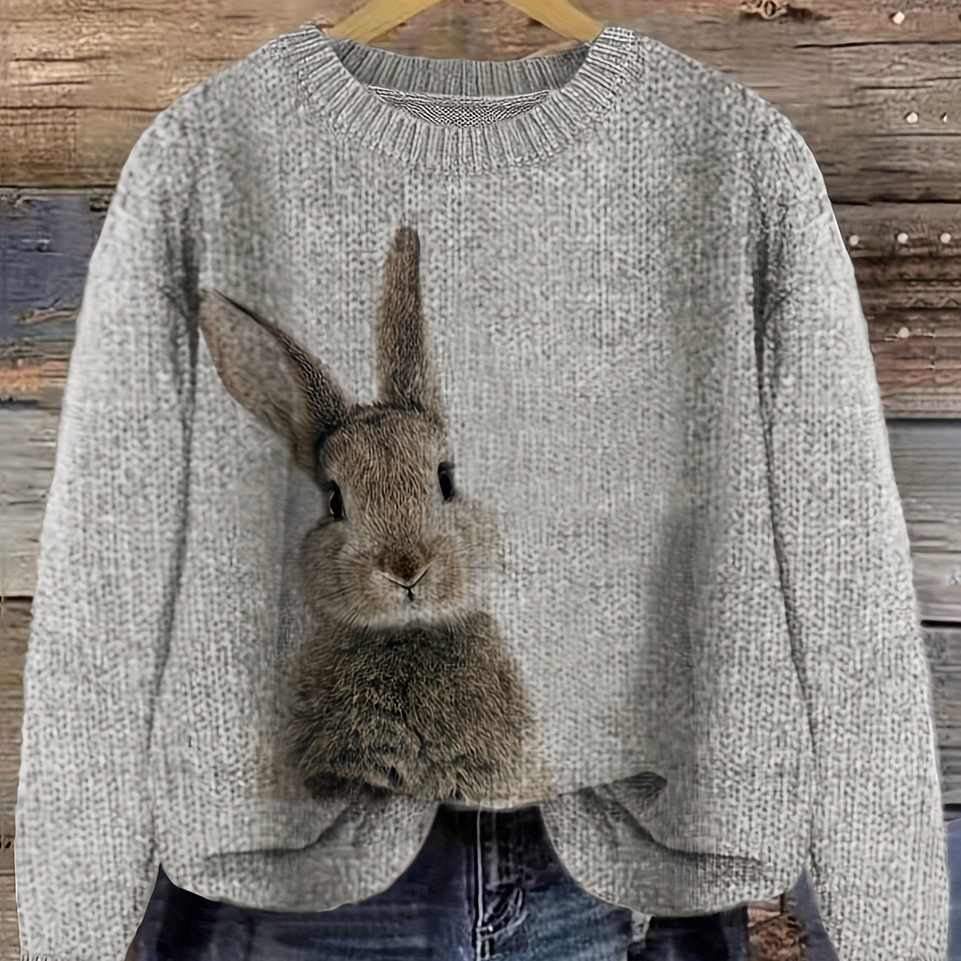 Women's Casual Rabbit Print Color - Block Round Neck Pullover Sweater - Light Blue & White Contrast, Medium Stretch Cozy Fall Winter Knit Top, Relaxed Fit Clothing | Soft Texture Apparel - veyora