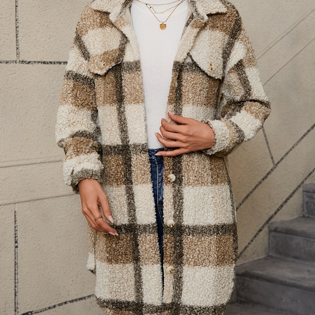 Long Sleeve Long Length Plaid Pattern Fuzzy Thermal Jacket, Casual Button Front Collar Coat for Fall & Winter, Women's Clothing - veyora