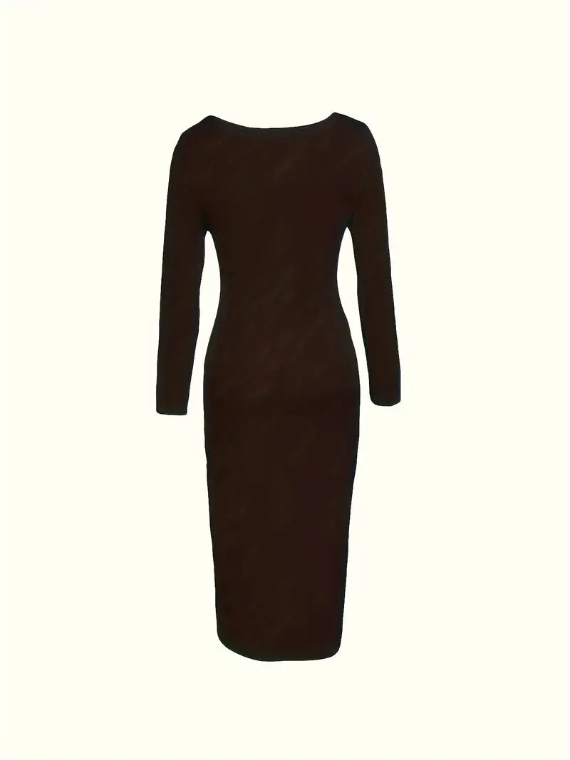Squared Neck Solid Maxi Dress, Casual Long Sleeve Bodycon Dress, Women's Clothing