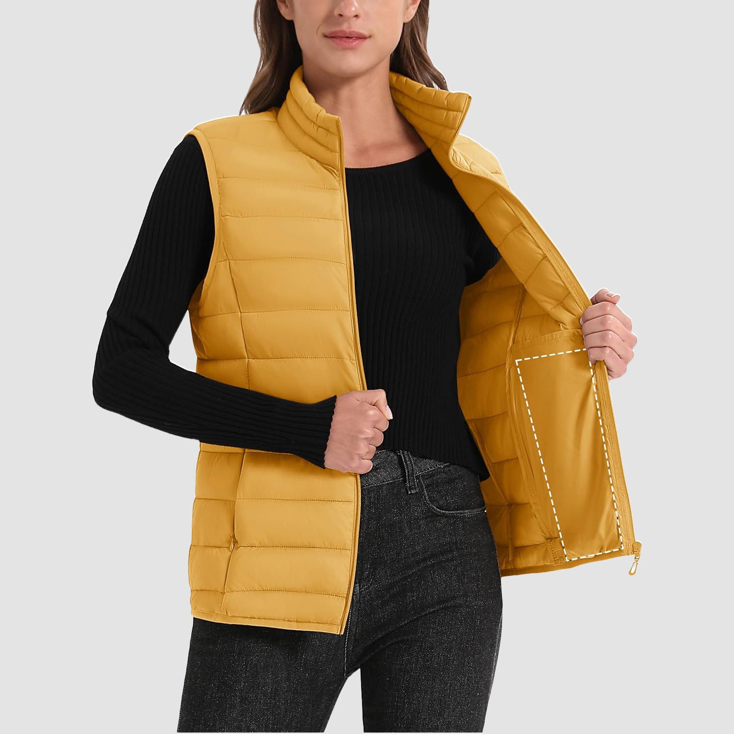 Women's Lightweight Puffer Vest with 4 Pockets & Stand Collar