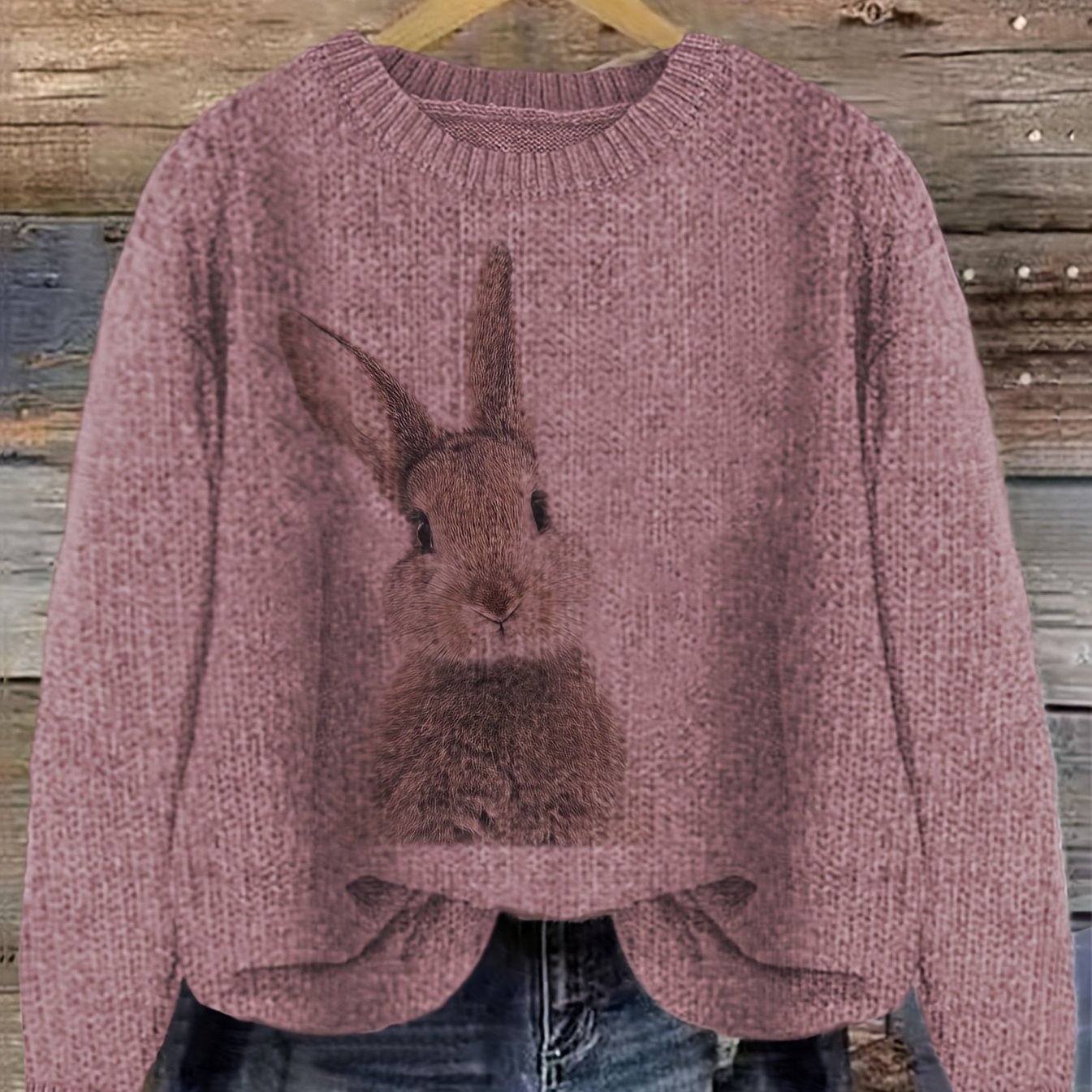 Women's Casual Rabbit Print Color - Block Round Neck Pullover Sweater - Light Blue & White Contrast, Medium Stretch Cozy Fall Winter Knit Top, Relaxed Fit Clothing | Soft Texture Apparel - veyora