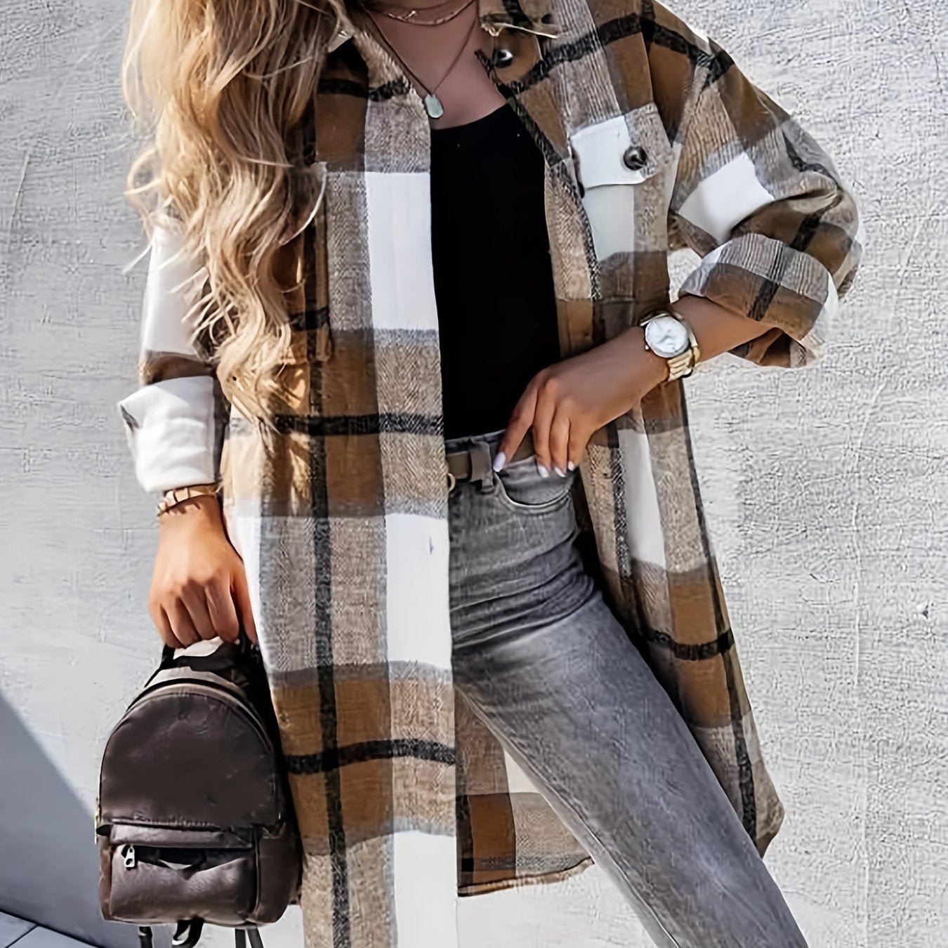 Plaid Print Long Length Jacket, Casual Button Front Flap Pockets Outwear, Women's Clothing - veyora