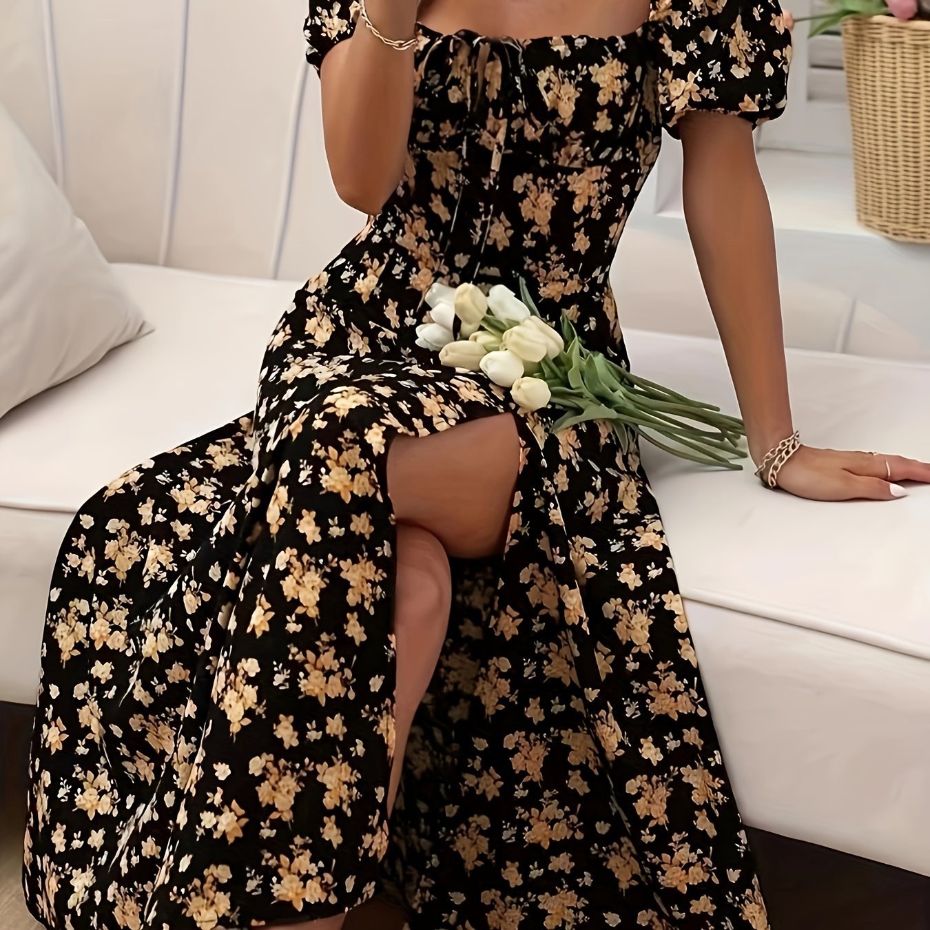 Elegant Floral Puff Sleeve Dress - Lightweight, Split Hem A - line for Spring & Summer Occasions - veyora