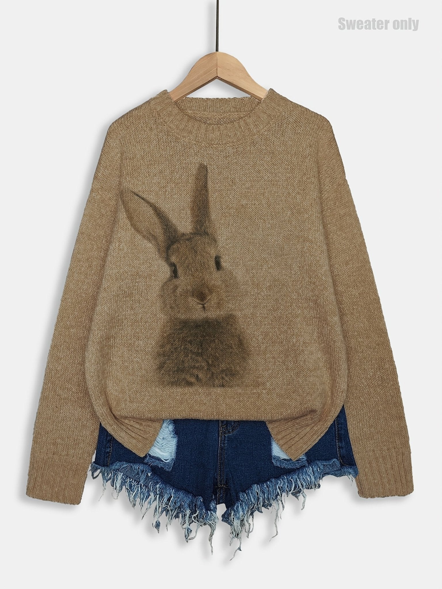 Women's Casual Rabbit Print Color - Block Round Neck Pullover Sweater - Light Blue & White Contrast, Medium Stretch Cozy Fall Winter Knit Top, Relaxed Fit Clothing | Soft Texture Apparel - veyora