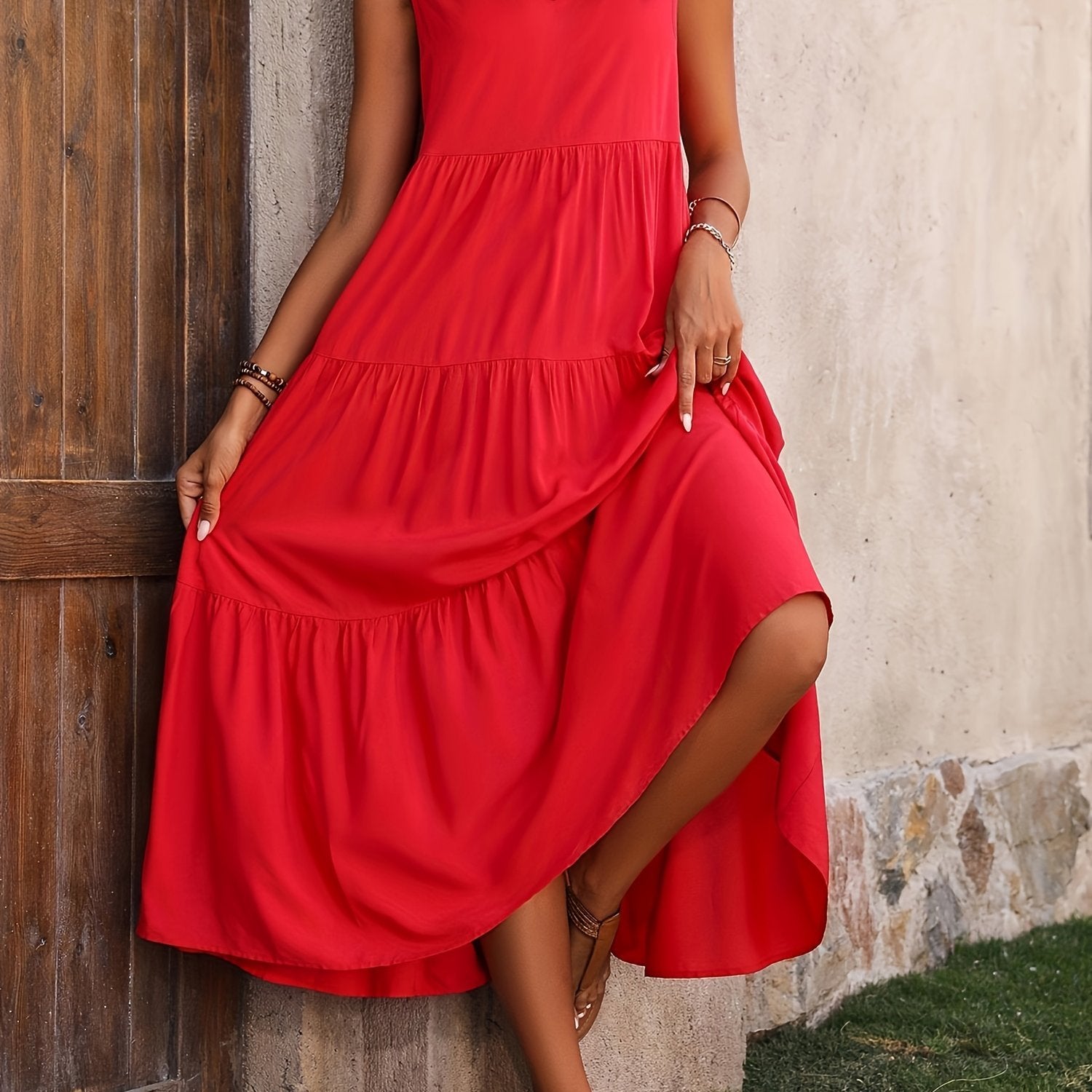 Loose Casual Sleeveless V Neck Ruffle Hem Dress for Spring & Summer, Women's Clothing - veyora