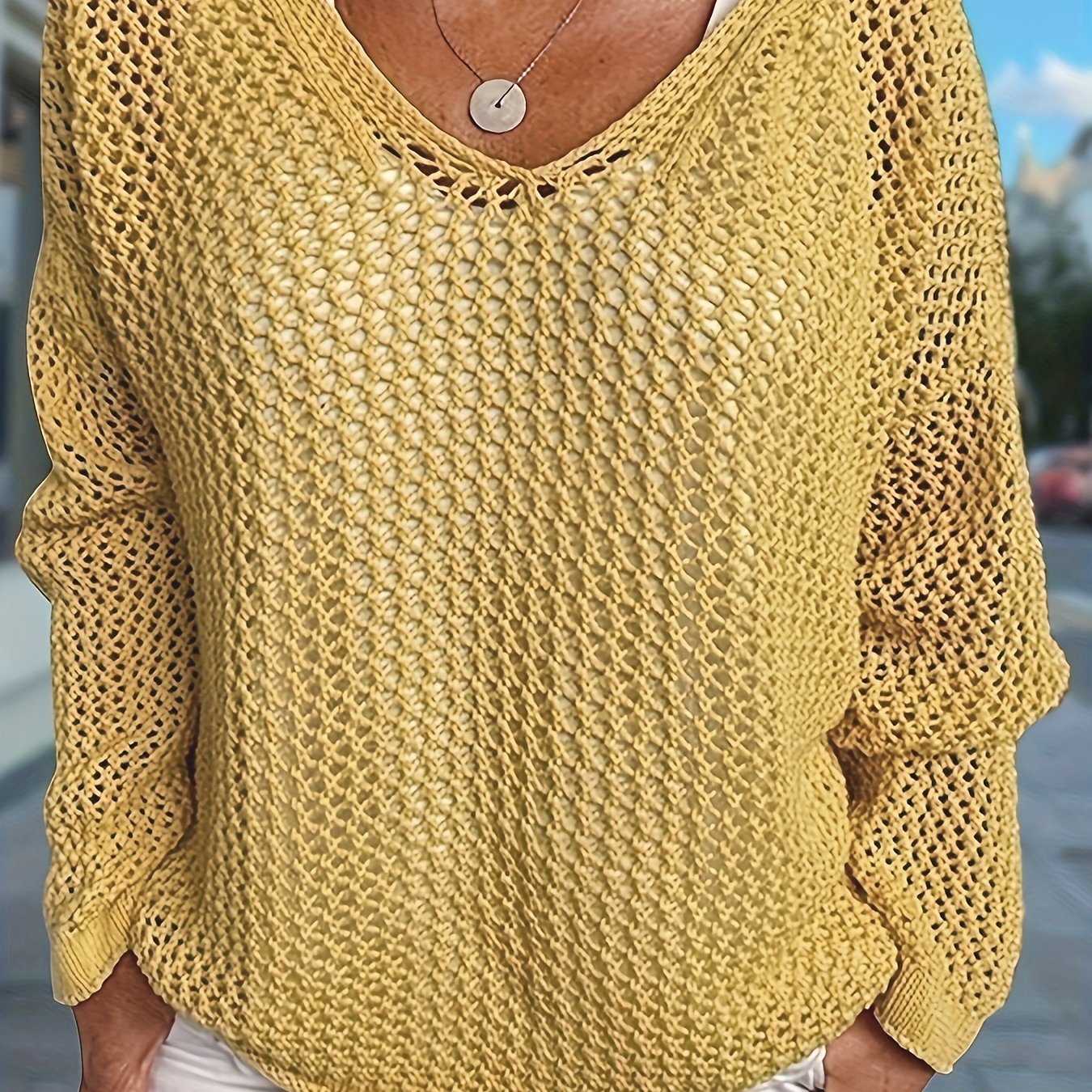 Cozy V - Neck Knitted Hooded Sweater - Soft, Casual, Long Sleeve, Hollow Out Design, Relaxed Fit, Women's Clothing for Everyday Wear - veyora
