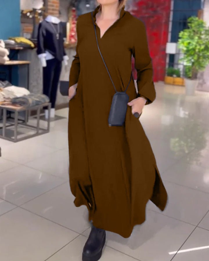 Zoe™ - Loose Long Dress With Side Slit Lapel - veyora