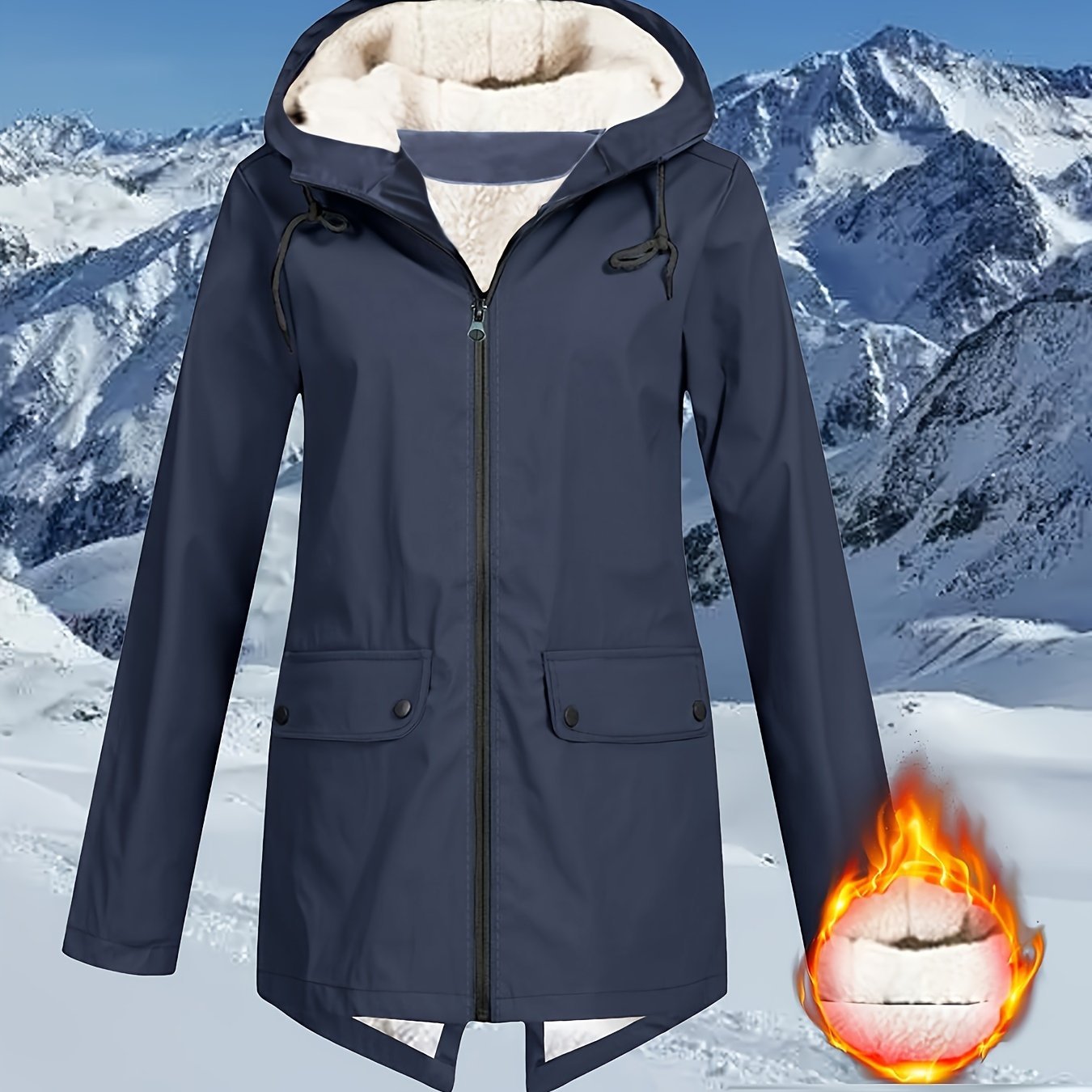 Women's High Quality Hooded Windbreaker Jacket - Navy Blue with Faux Fur Trim, Zippered Pockets, and Adjustable Hood for Outdoor Winter Activities, Cold Weather Apparel | Casual Outdoor Style | Plush Lined Comfort - veyora