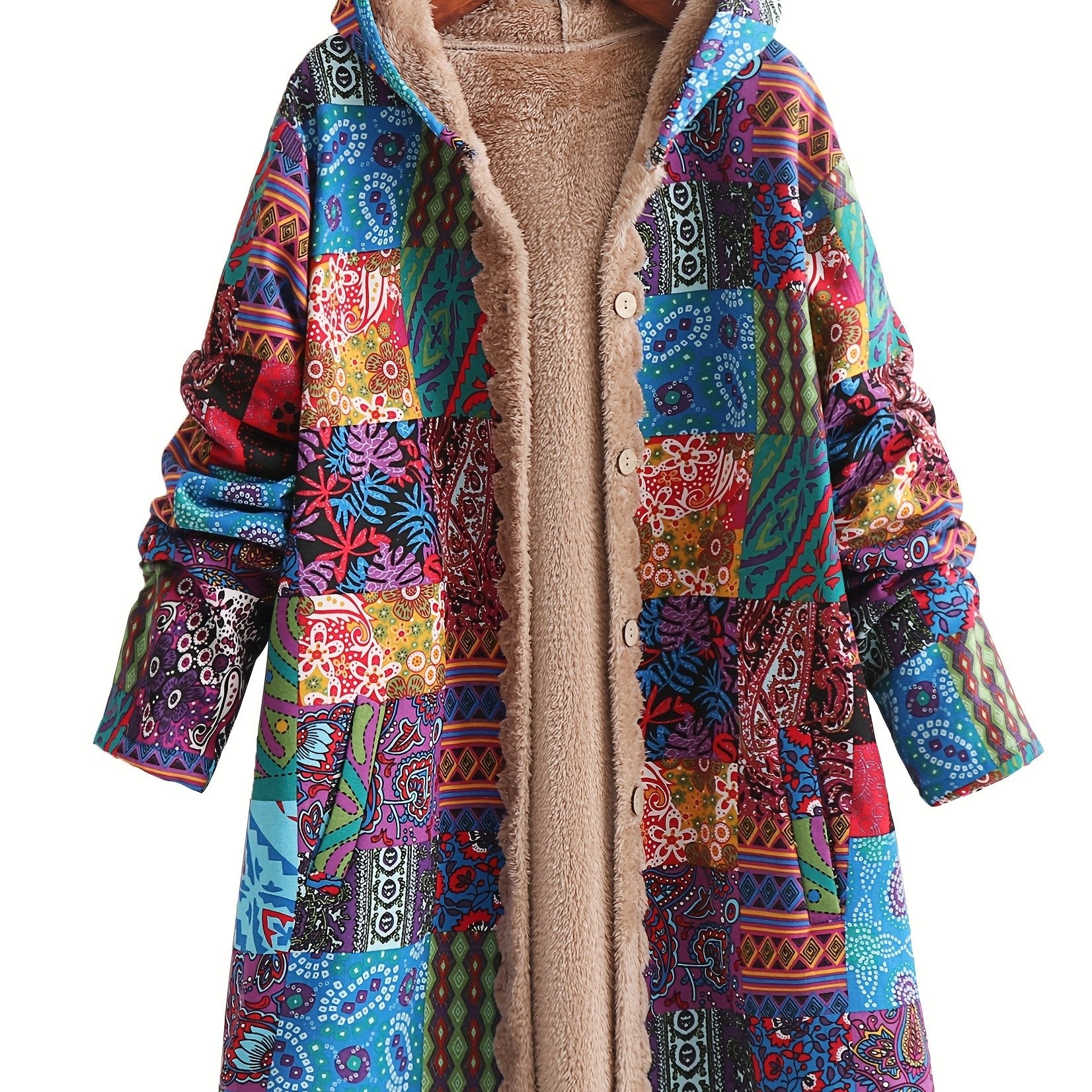 Warm Fleece - Lined Hooded Coat - Colorful Paisley & Floral Print Long Sleeve Outerwear for Women - Machine Washable, Button Front - veyora