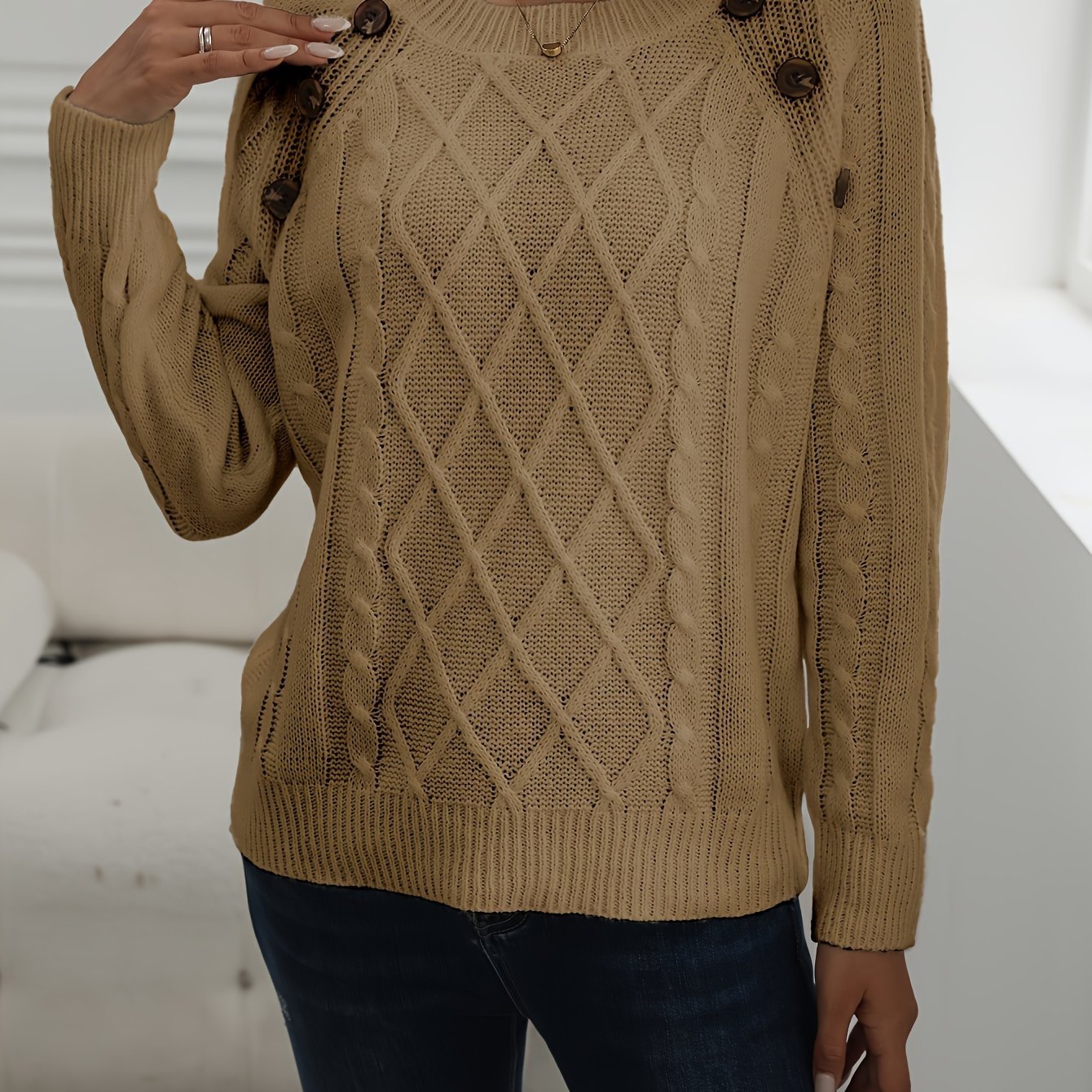 Solid Cable Knit Sweater, Casual Crew Neck Long Sleeve Sweater, Women's Clothing - veyora