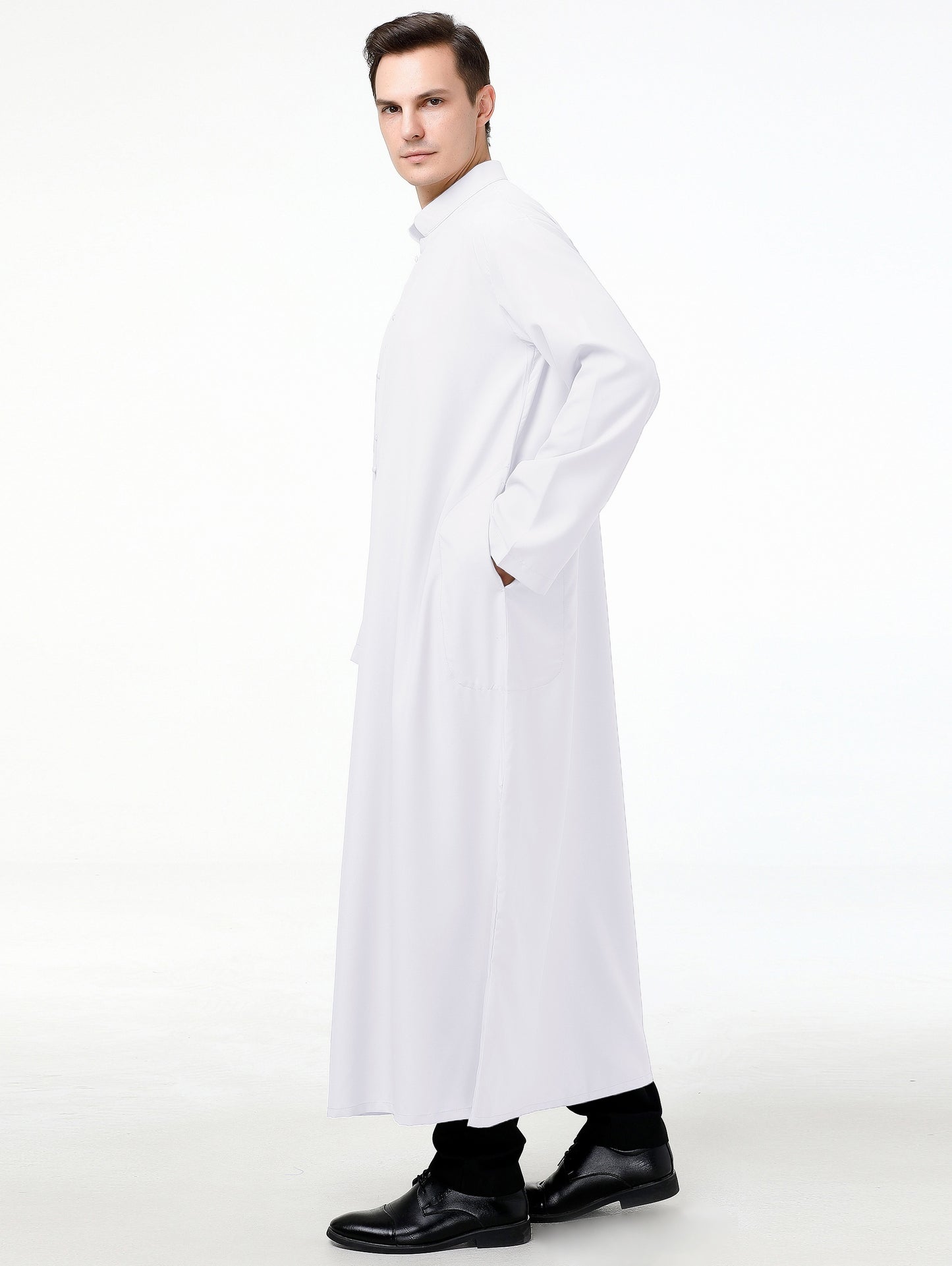Men's Elegant Long Sleeve Arabic Kandora - White Polyester Robe with Button Details, Traditional Islamic Jubba for Ramadan, Eid Al-Adha, and Prayer, Vintage Style for Middle Eastern Celebrations, Eid Celebration Wear | Vintage Kandora Design | Glossy Pol