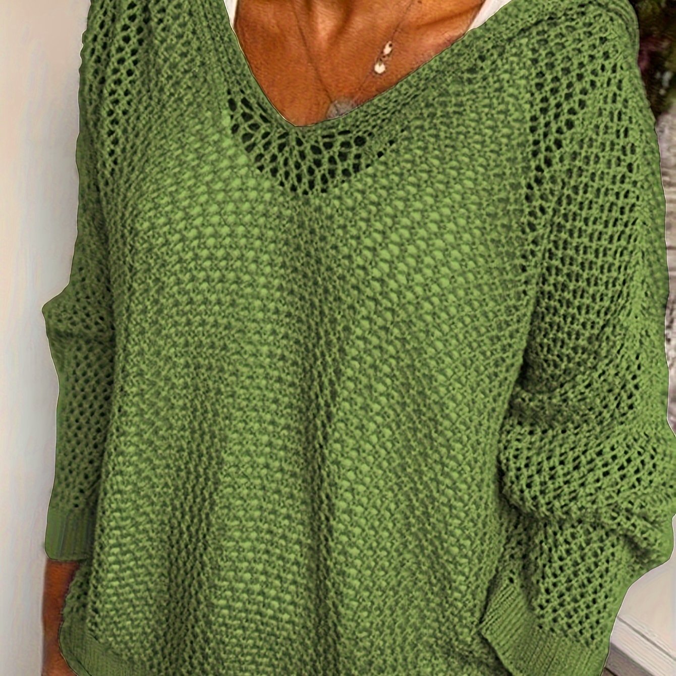 Cozy V - Neck Knitted Hooded Sweater - Soft, Casual, Long Sleeve, Hollow Out Design, Relaxed Fit, Women's Clothing for Everyday Wear - veyora