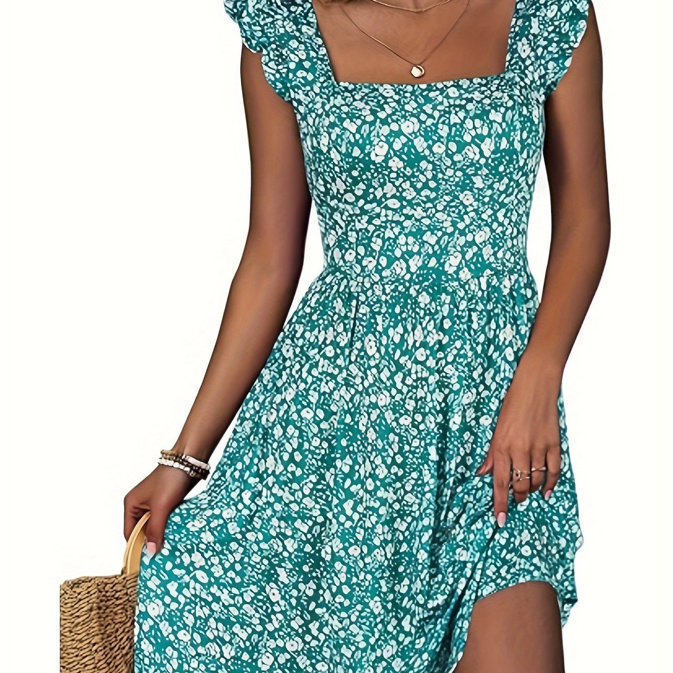 For Spring & Summer, Elegant Square Neck Dress with Ruffle Sleeves, Cinched Waist, Patched Pockets, Floral Print, Women's Clothing - veyora