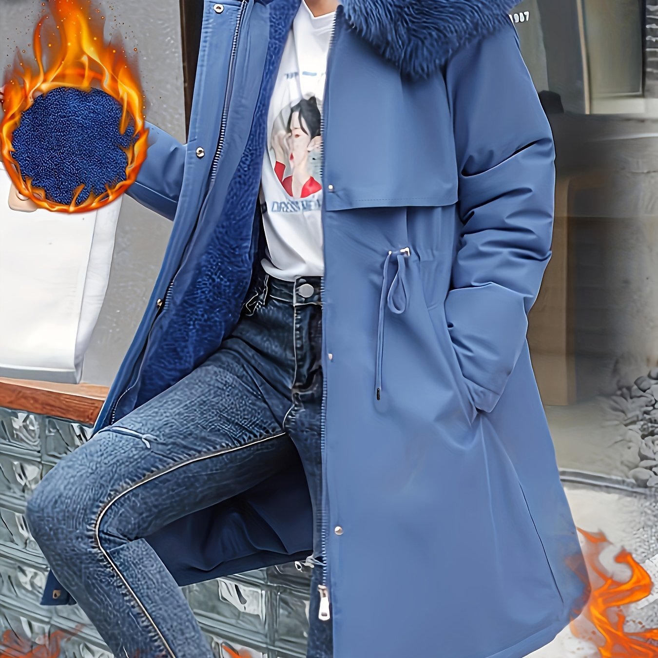 1pc Thick Fleece - Lined Women's Mid - Length Coat with Removable Faux Fur Hood, Drawstring Waist, Long Sleeve, Polyester, Solid Color, Non - Waterproof Winter Parka - veyora