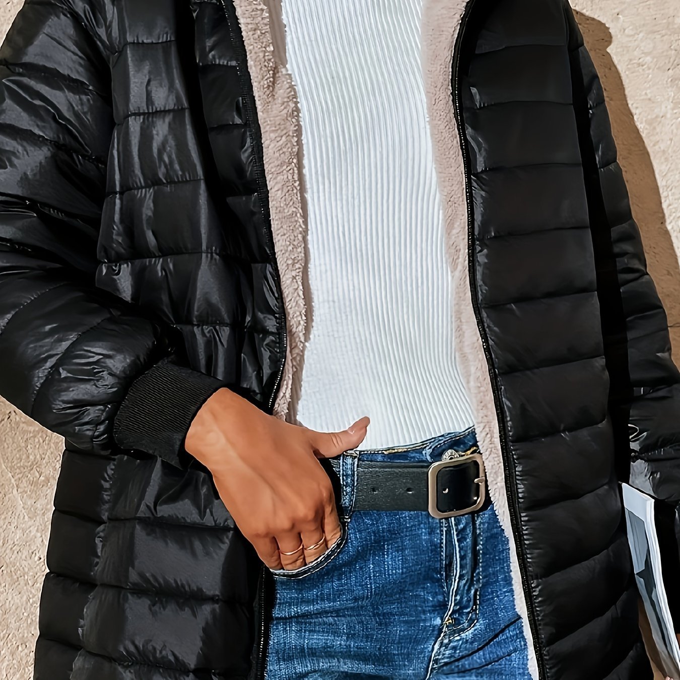 Long Sleeve Fleece Lined Zip Up Coat, Casual Fabric - padded Women's Clothing - veyora