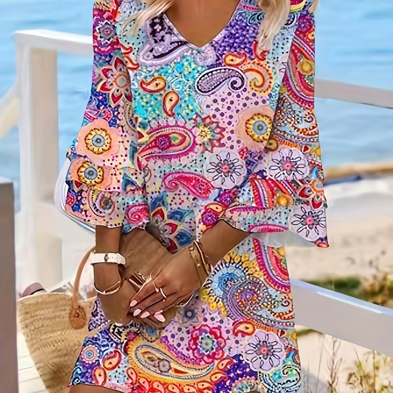 Bohemian Paisley Print Dress - Flowy Layered Skirt - Bell Sleeves - Perfect for Beach Holidays & Casual Summer Days, Womens Fashion - veyora