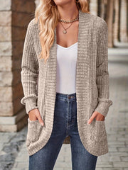 Cozy Rib Knit Cardigan for Women - Soft & Stylish Solid Open Front Sweater with Pockets - Casual Long Sleeve Fashion Clothing - veyora