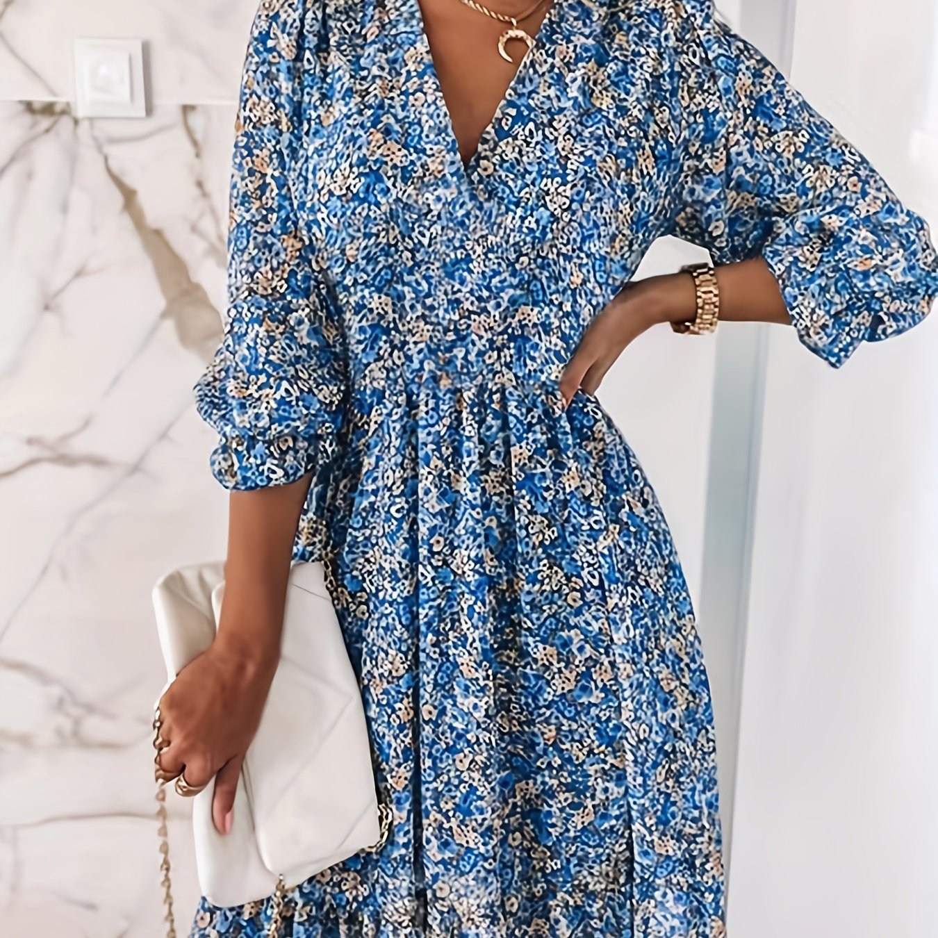 Floral Print Shirred Waist Dress, Casual V Neck Dress For Spring & Summer, Women's Clothing - veyora