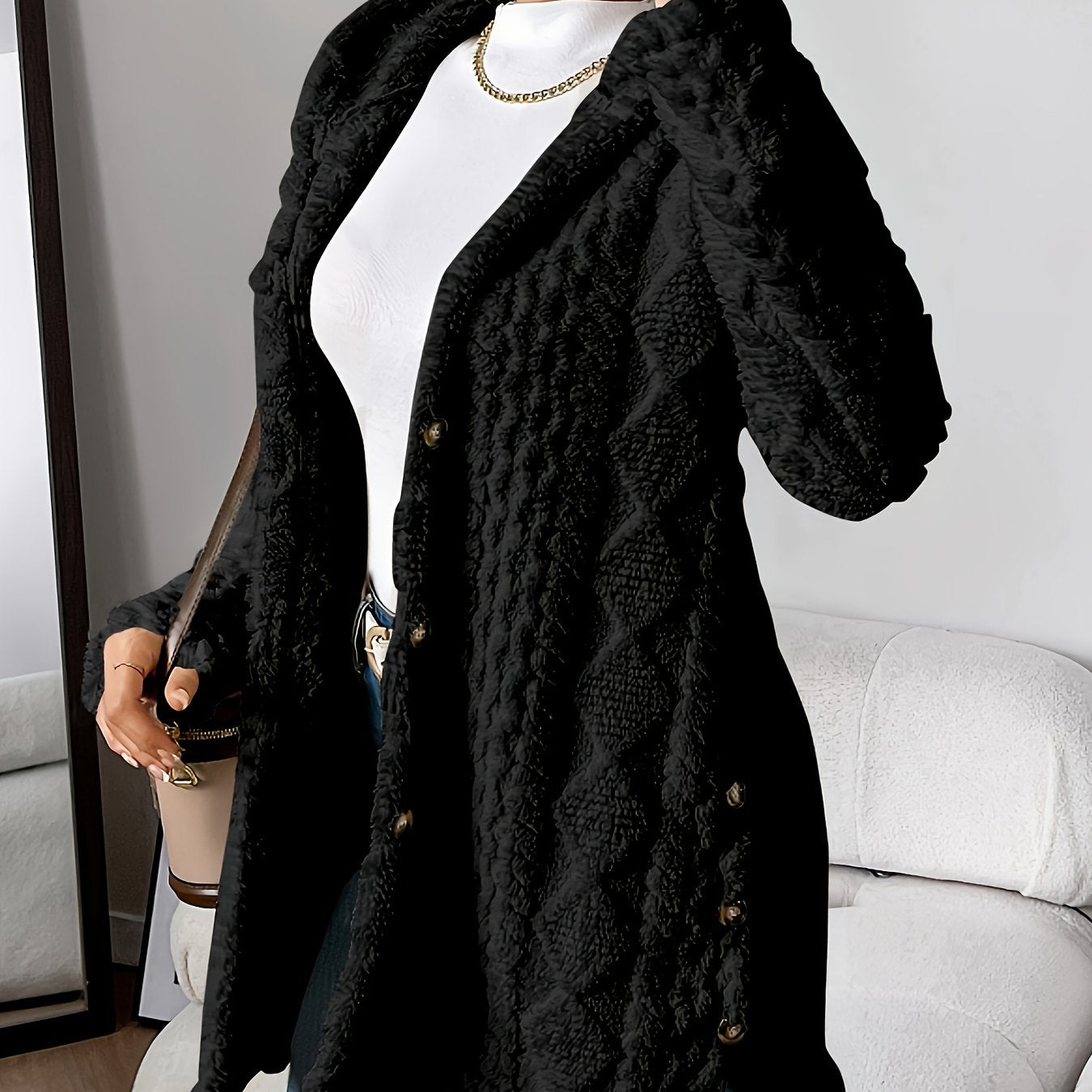 Elegant Beige Quilted Faux Fur Hooded Cardigan - Cozy Long Sleeve, Button Front Outerwear with Diamond Pattern, Perfect for Fall/Winter, Machine Washable - veyora