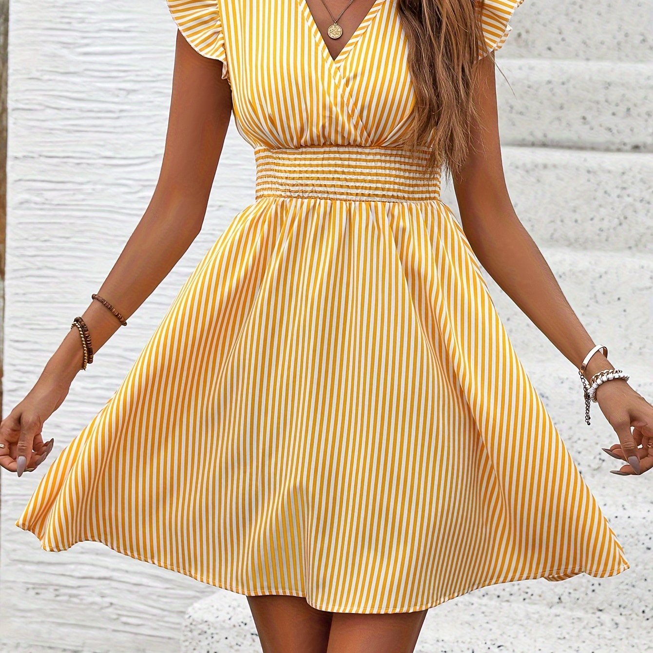 Summer Striped Surplice Neck Dress, Shirred Waist Casual Flutter Sleeve For Women - veyora