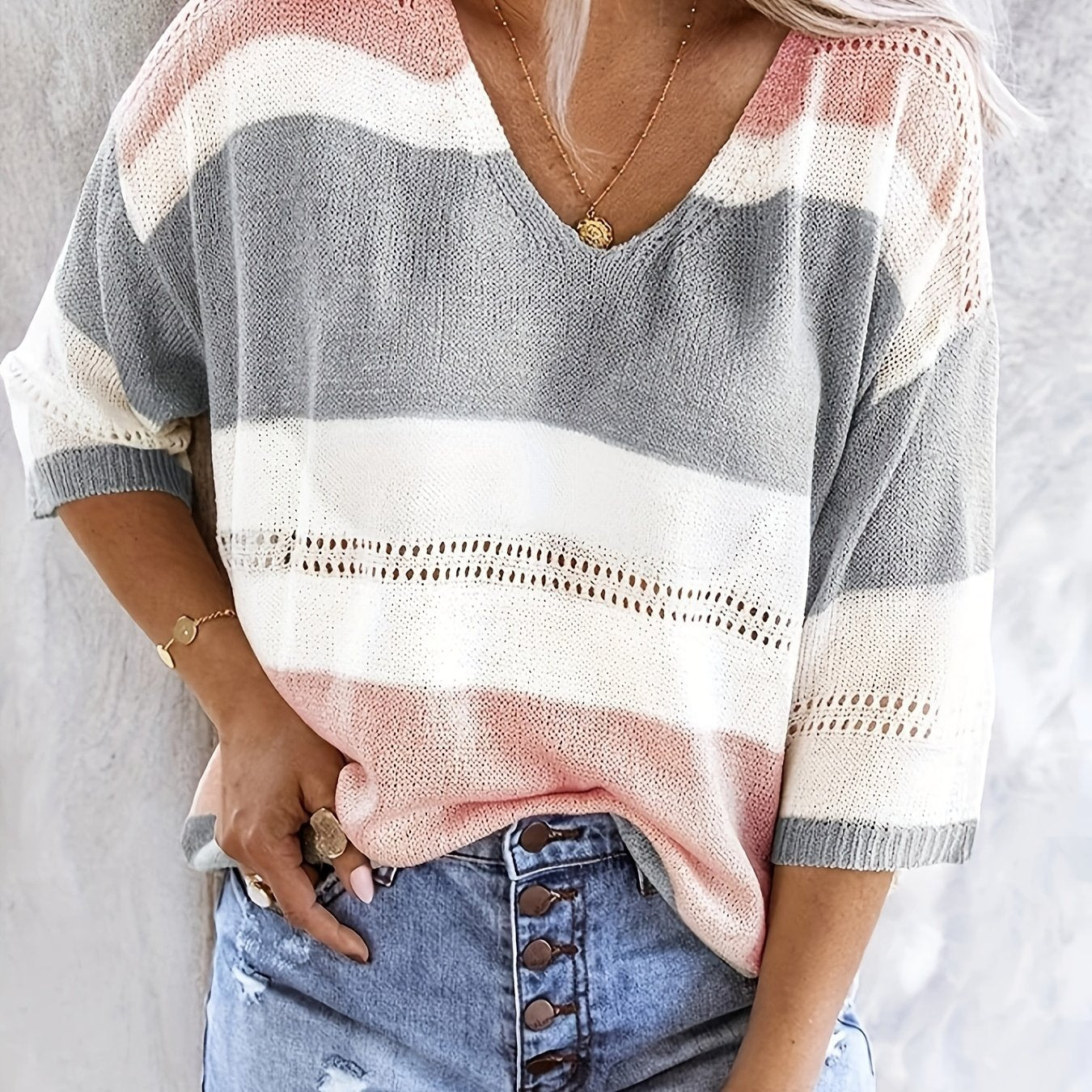 Women'S Casual V - Neck Sweater - Off - Shoulder, Striped Knit Top with Hollow Detail, Perfect for Spring/Summer, Light Gray & Pink, Ladies Sweaters - veyora