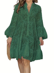 Elegant Green V - Neck Shift Dress with Embroidered Bell Sleeves - Lightweight, Loose Fit, Knee - Length with Button Closure and Eyelet Details, Perfect for All Seasons - veyora